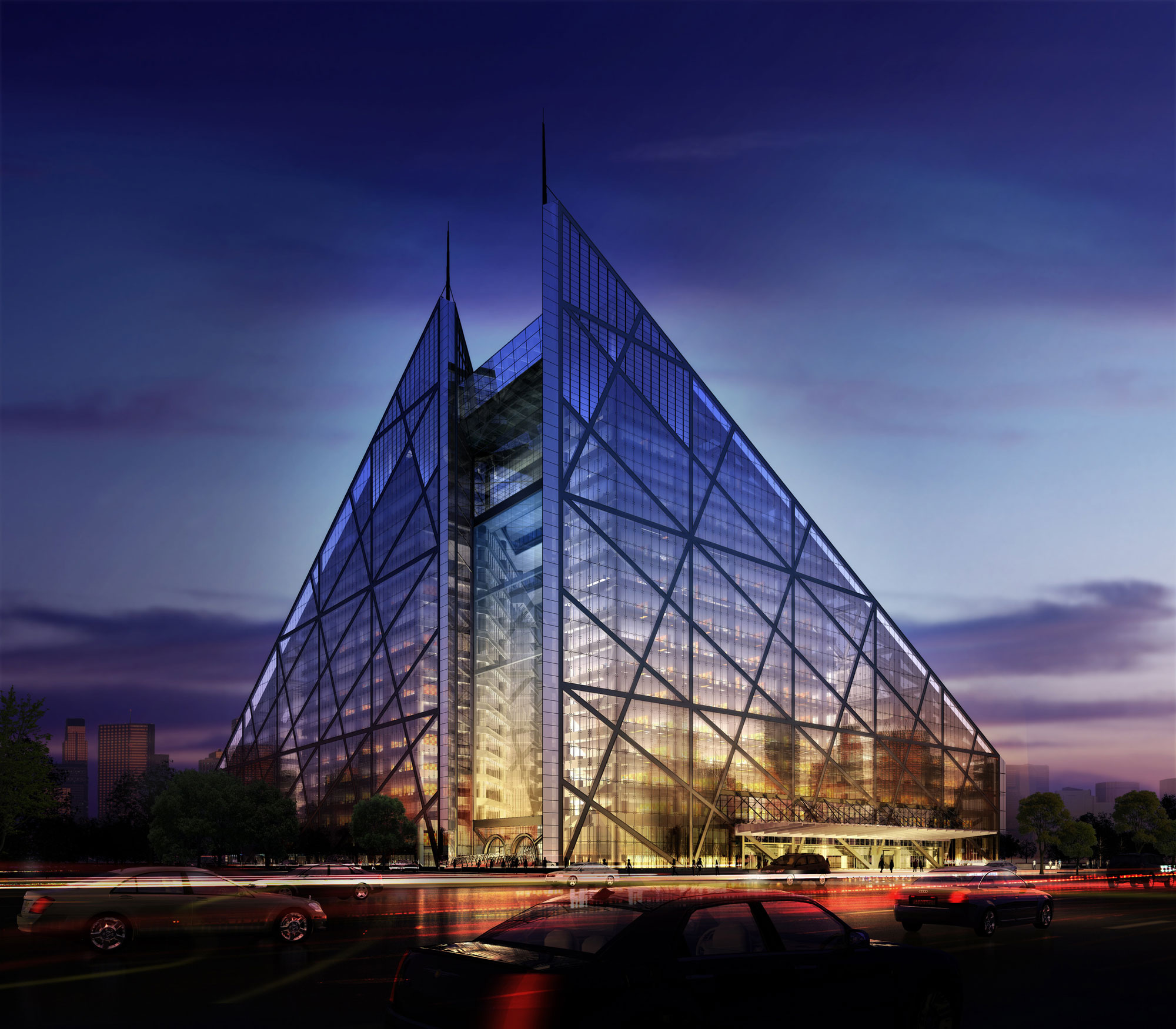 a pyramid-shaped glass building