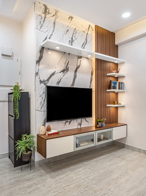 A customised white and brown TV unit