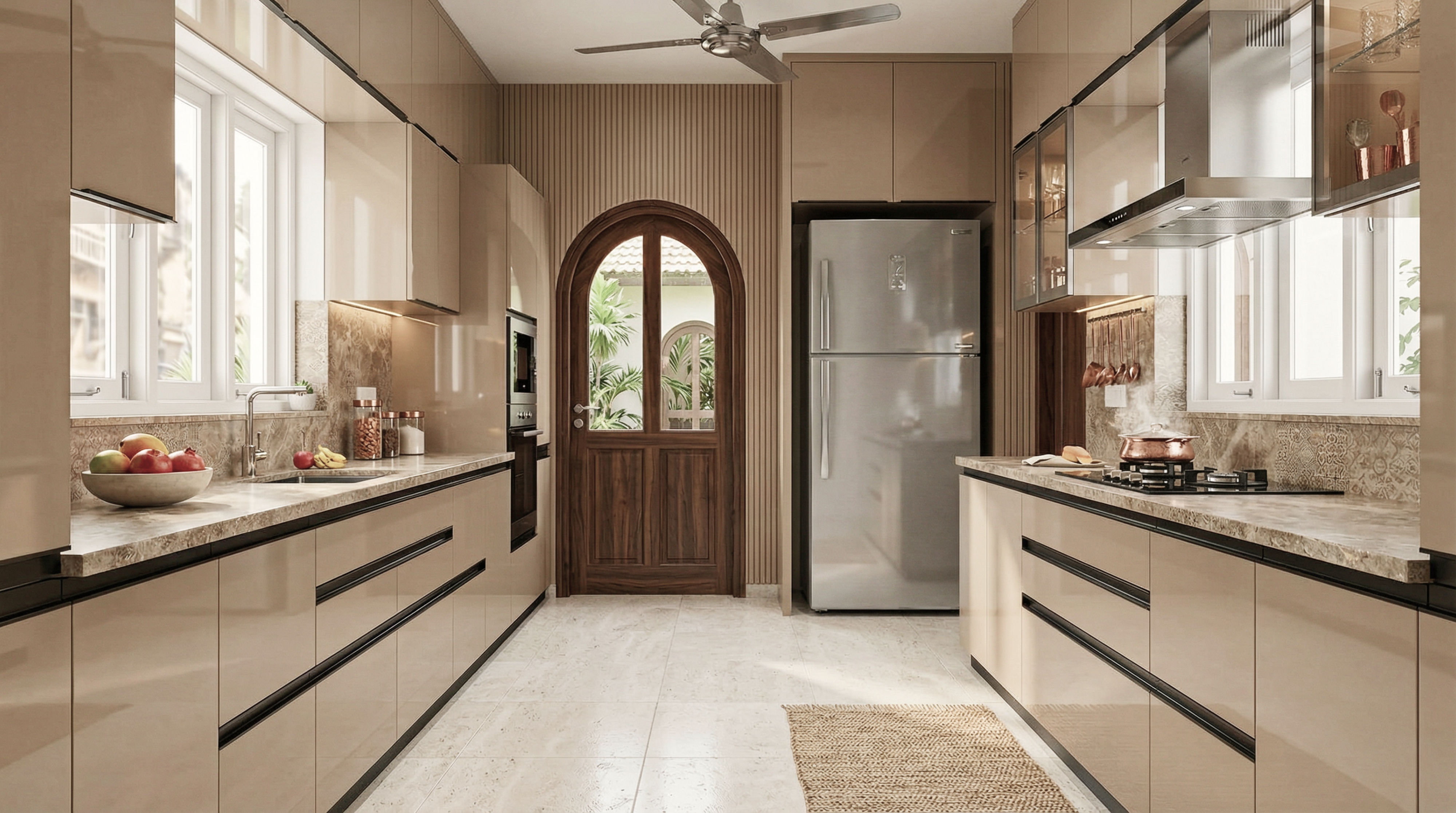 Artisanal Parallel Kitchen with Glossy Beige Cabinets