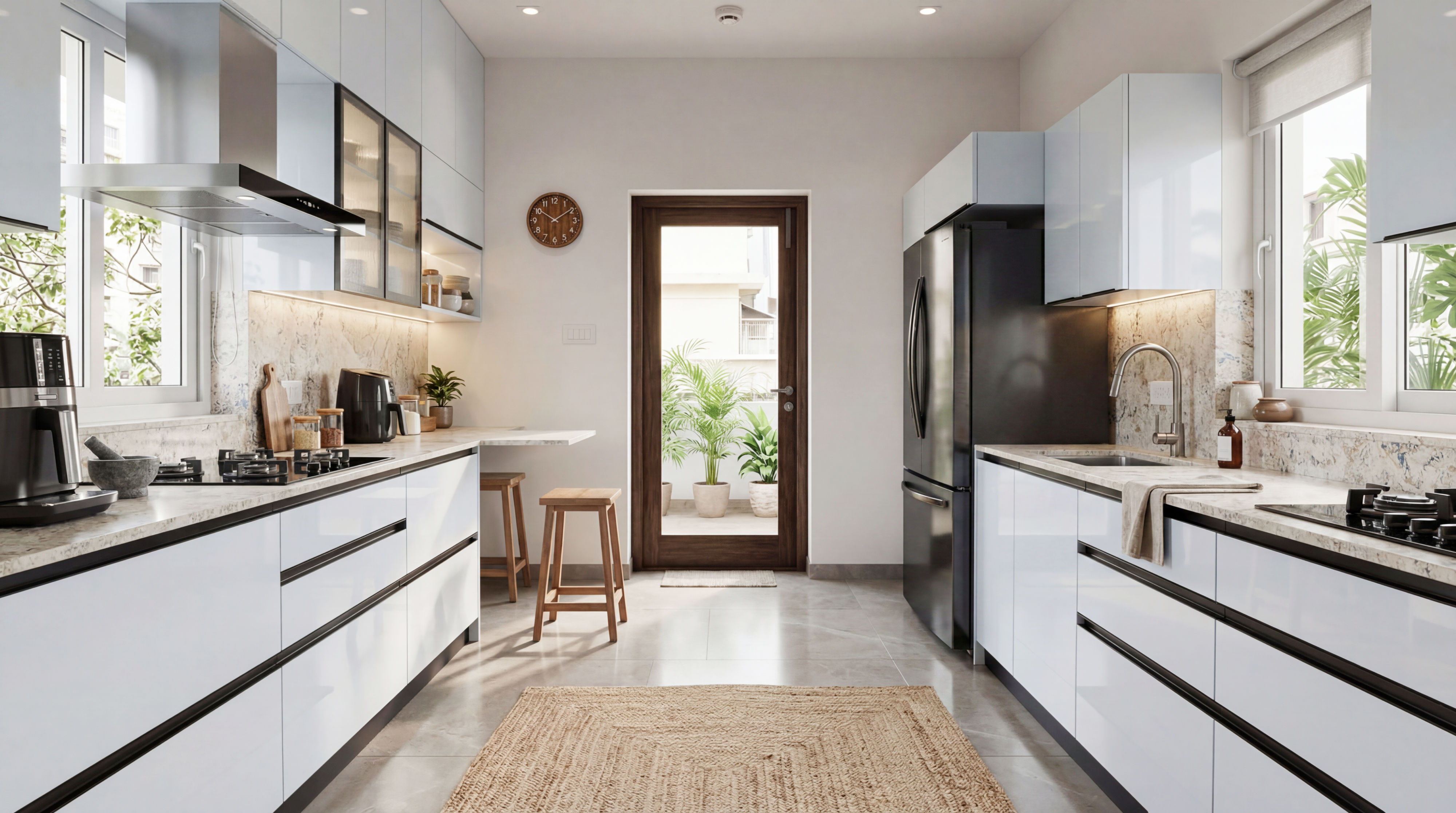 Artisanal Parallel Kitchen with Glossy White Cabinets