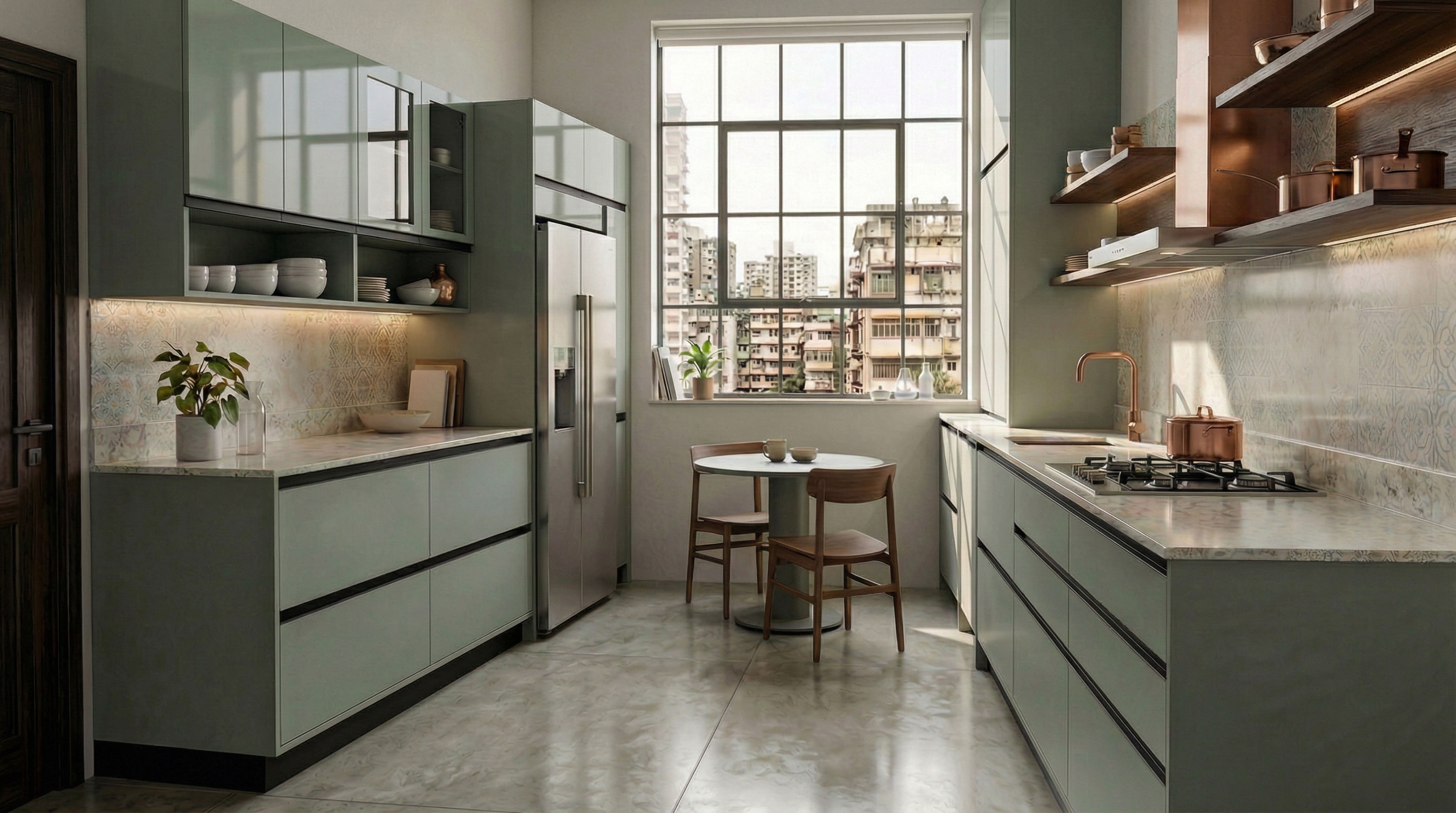 Artisanal Parallel Kitchen with Green Cabinets