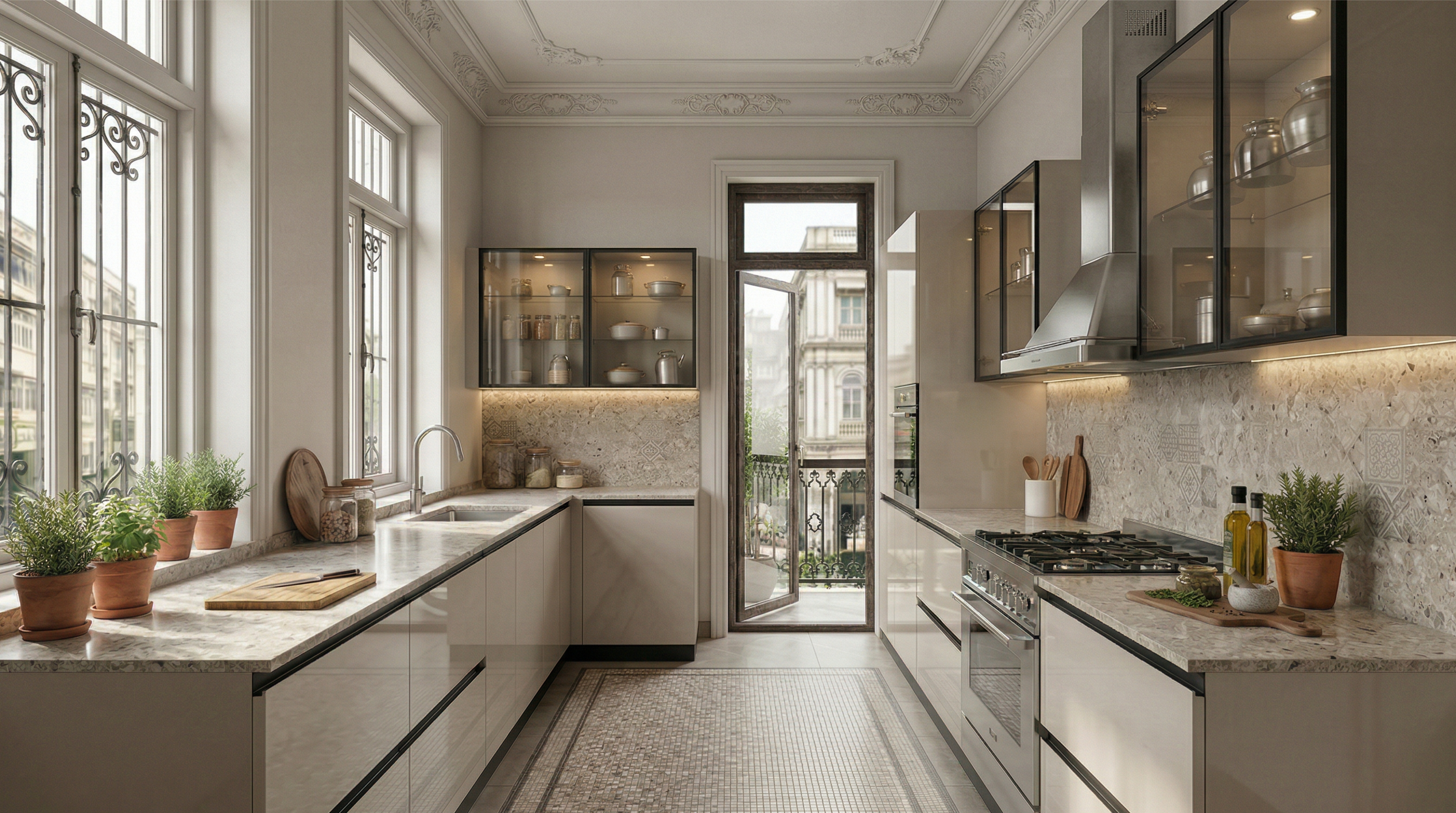 Artisanal Parallel Kitchen with Ivory Cabinets