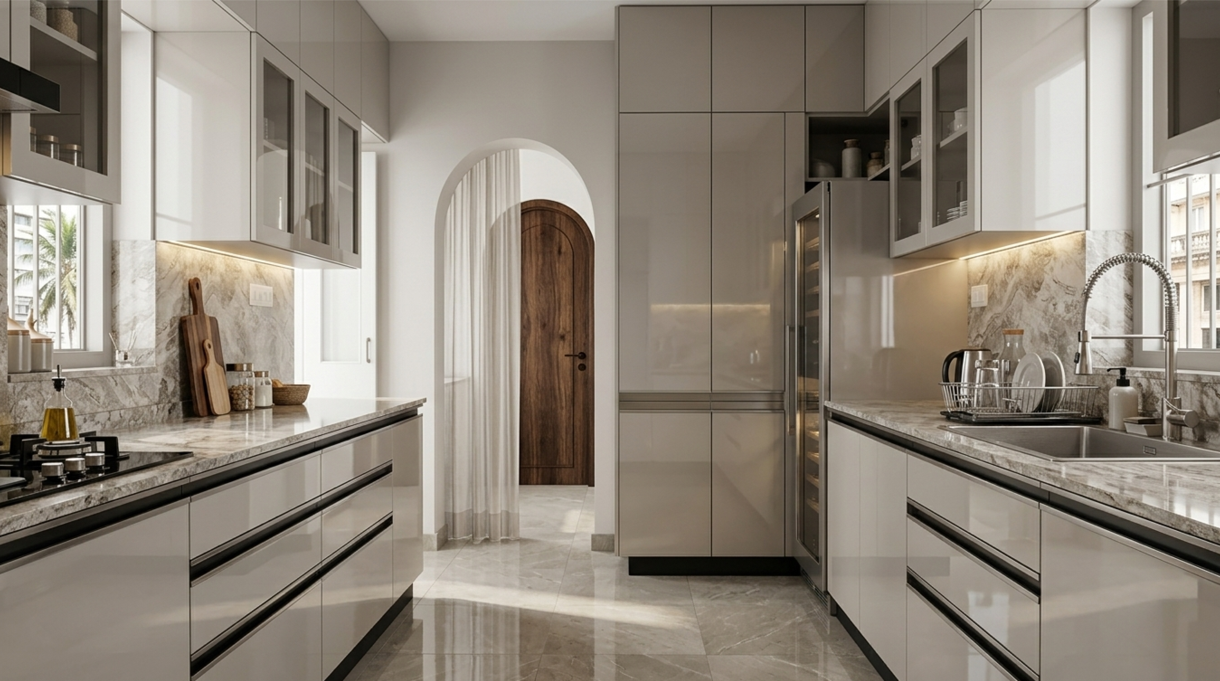 Elegant Parallel Kitchen with Grey Acrylic Cabinets