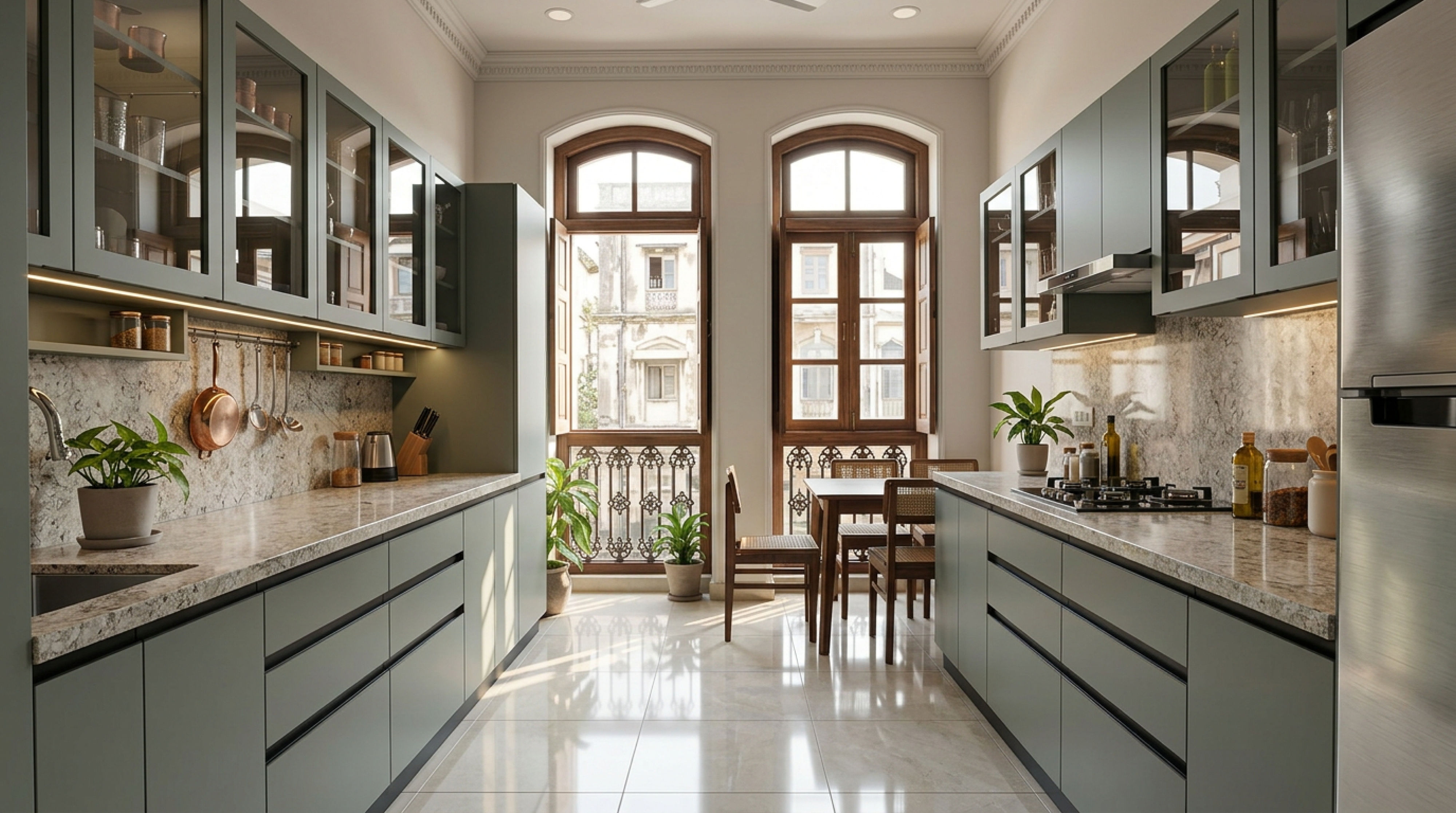 Bespoke Parallel Kitchen with Acacia Green Cabinets