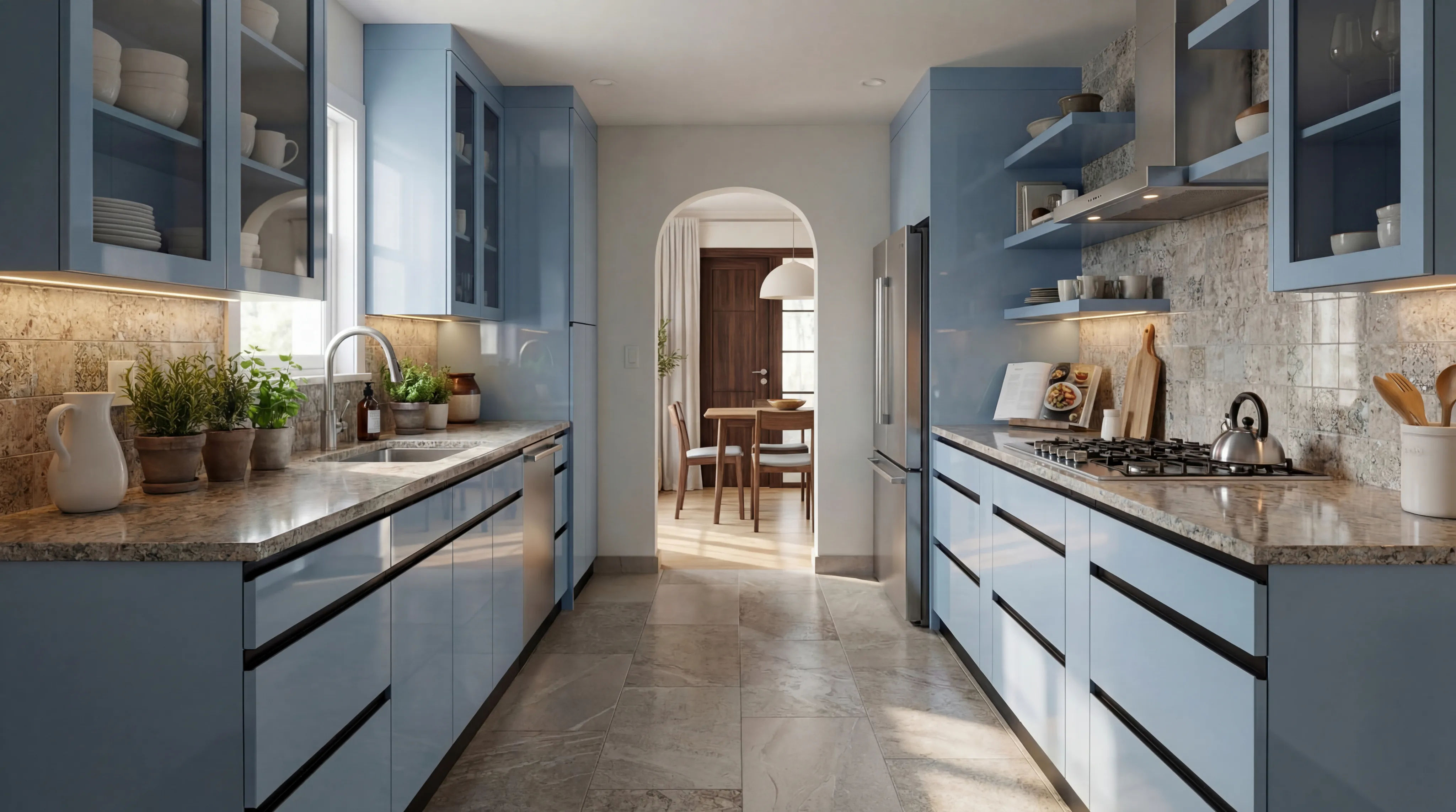 Pristine Parallel Kitchen with Blue Cabinets