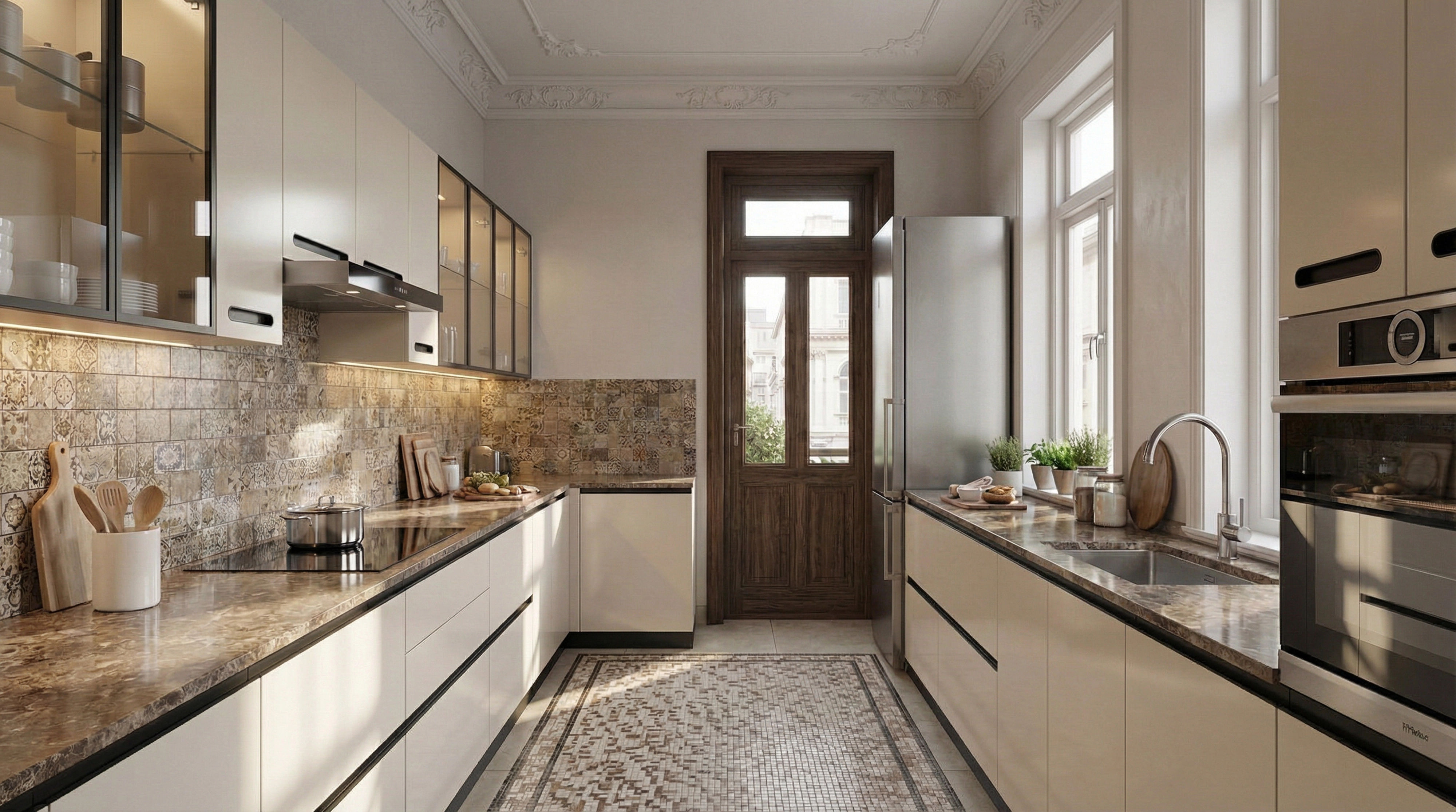 Bespoke Parallel Kitchen with Metallic White Cabinets