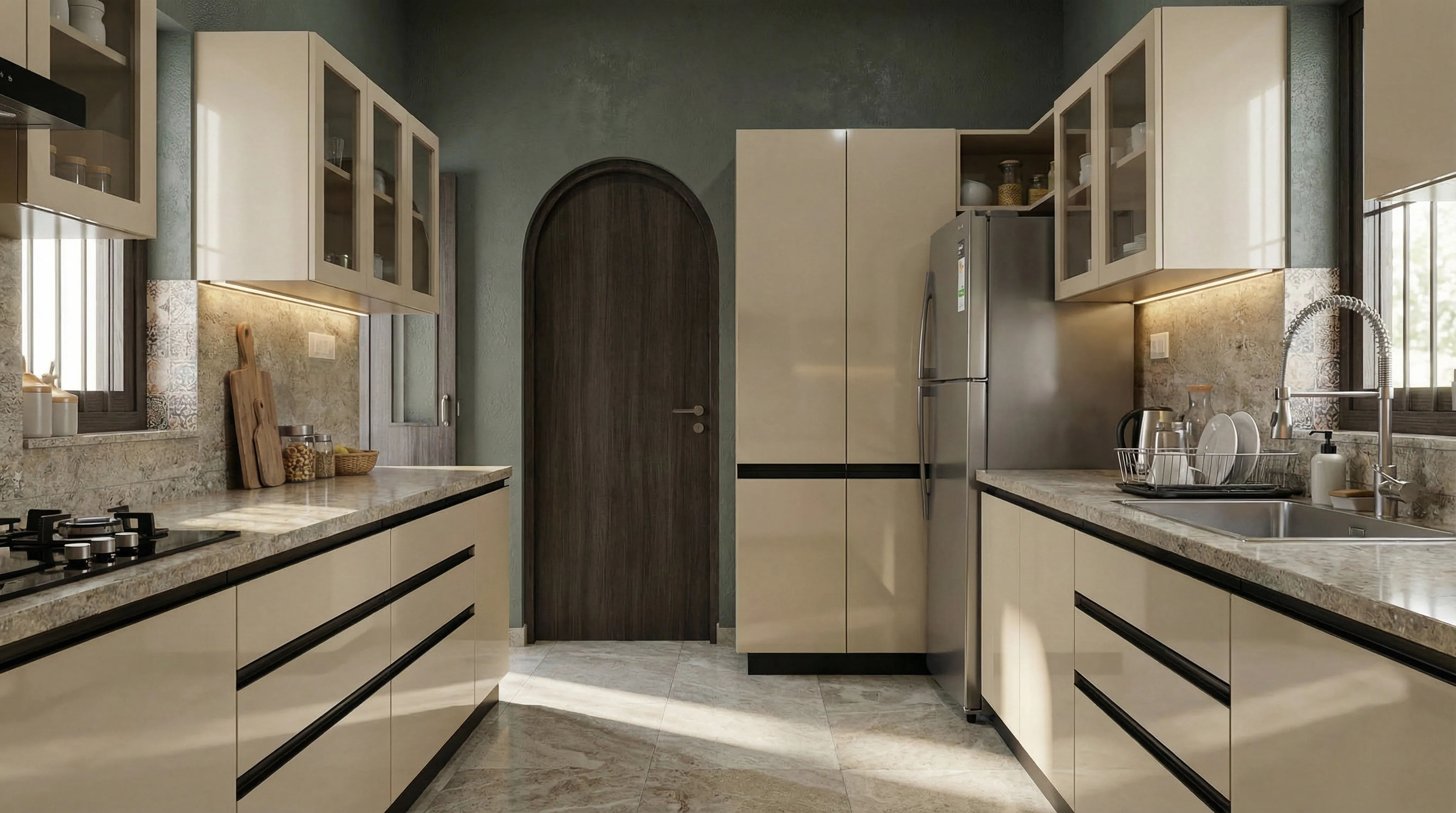 Contemporary Parallel Kitchen with Champagne Cabinets