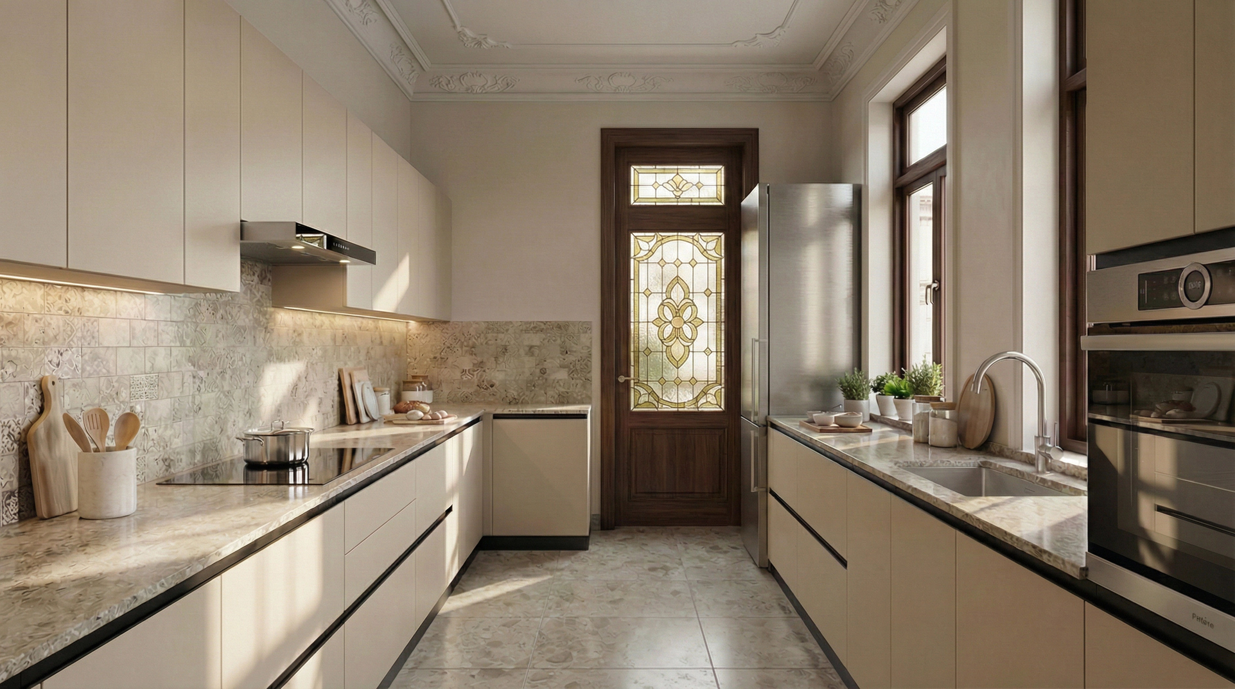 Sophisticated Parallel Kitchen with Peanut Cabinets