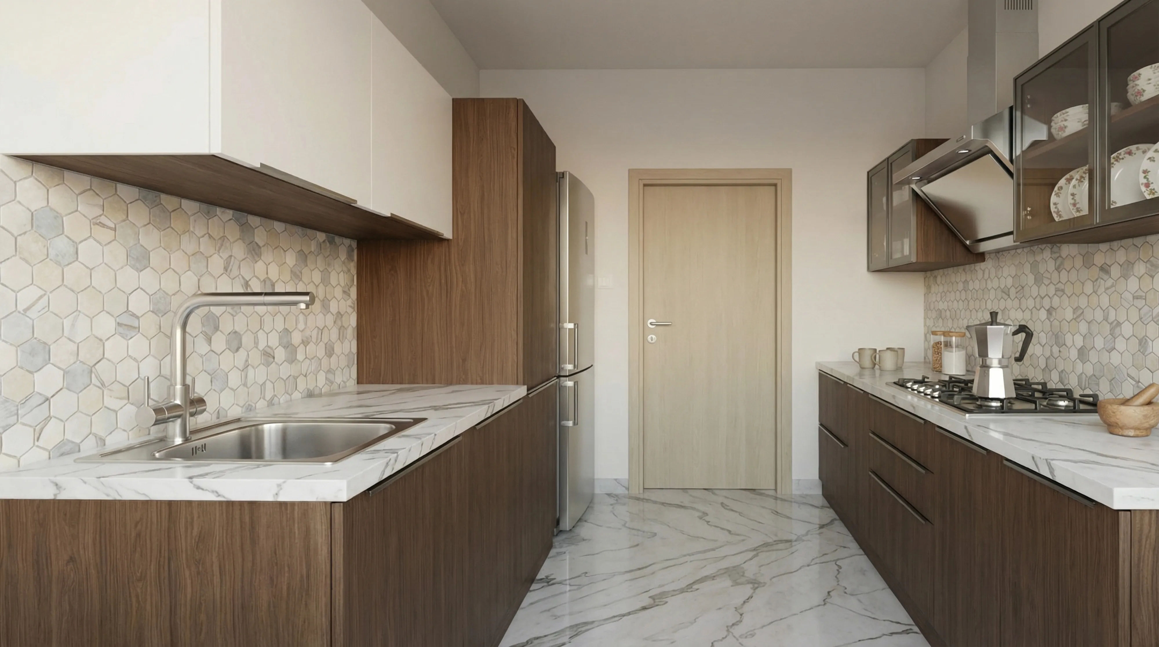 Timeless Parallel Kitchen with Walnut Wooden Cabinets