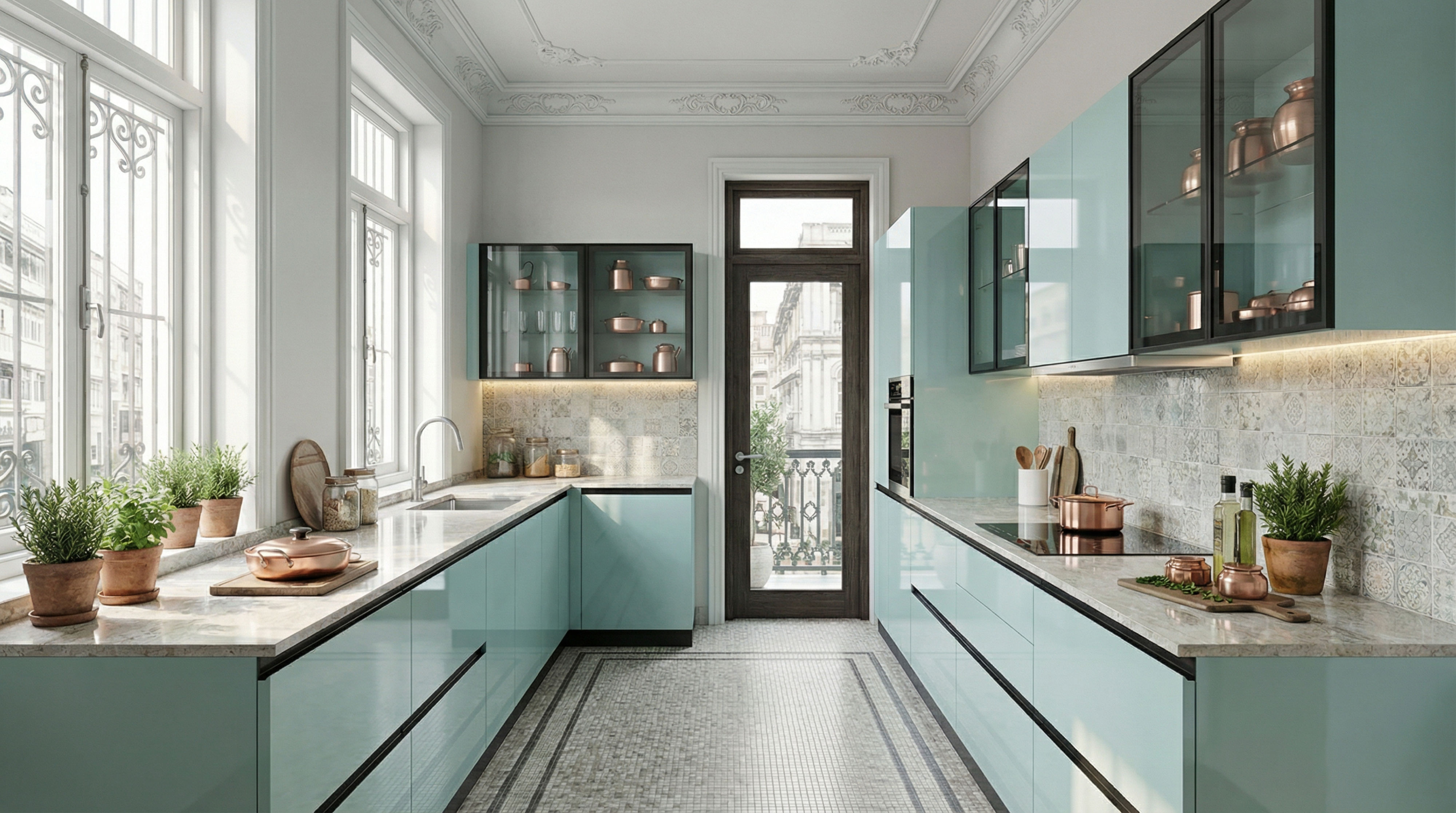 Artisanal Parallel Kitchen with Mint Green Cabinets