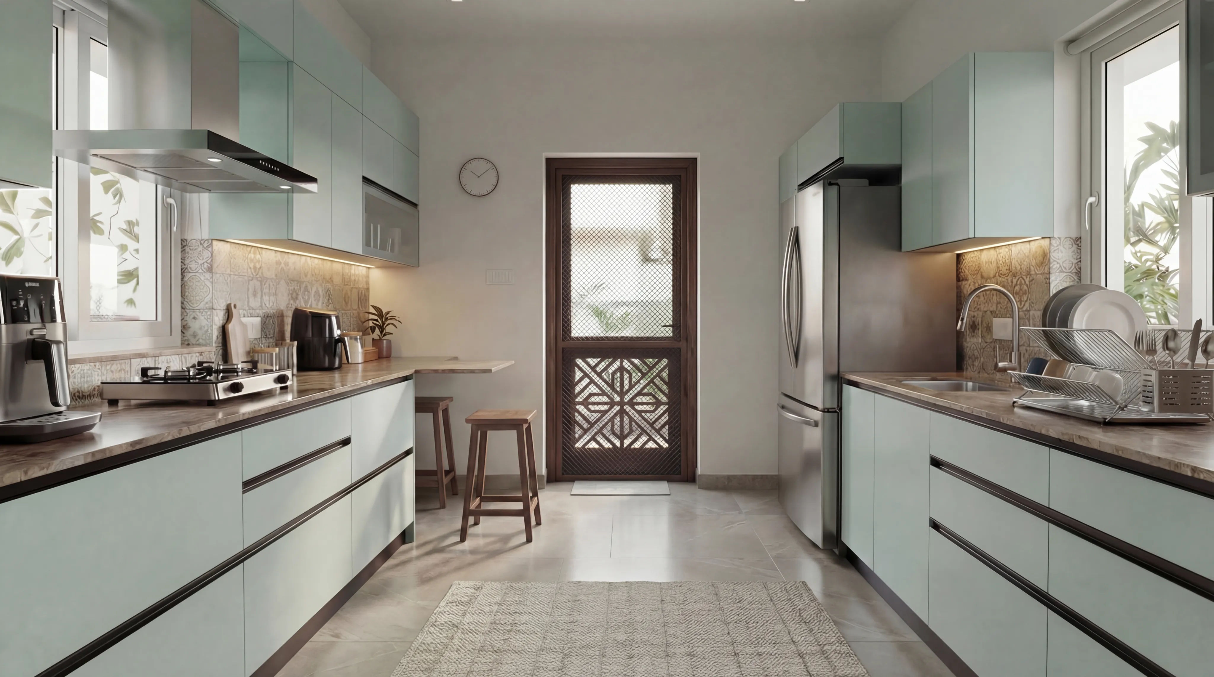 Modern Parallel Kitchen with Matt Mint Green Cabinets