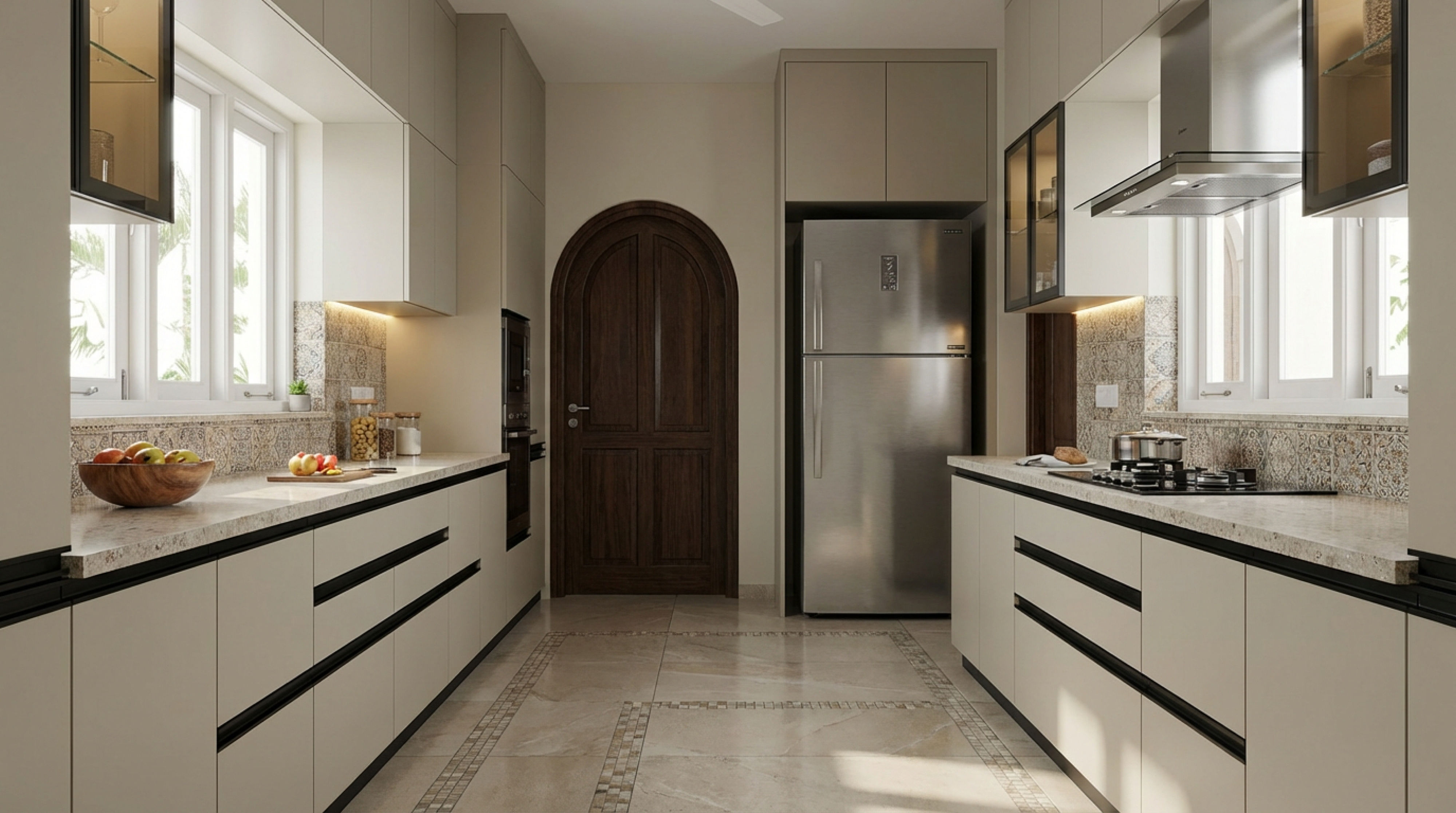 Contemporary Parallel Kitchen with Matt Sand Cabinets