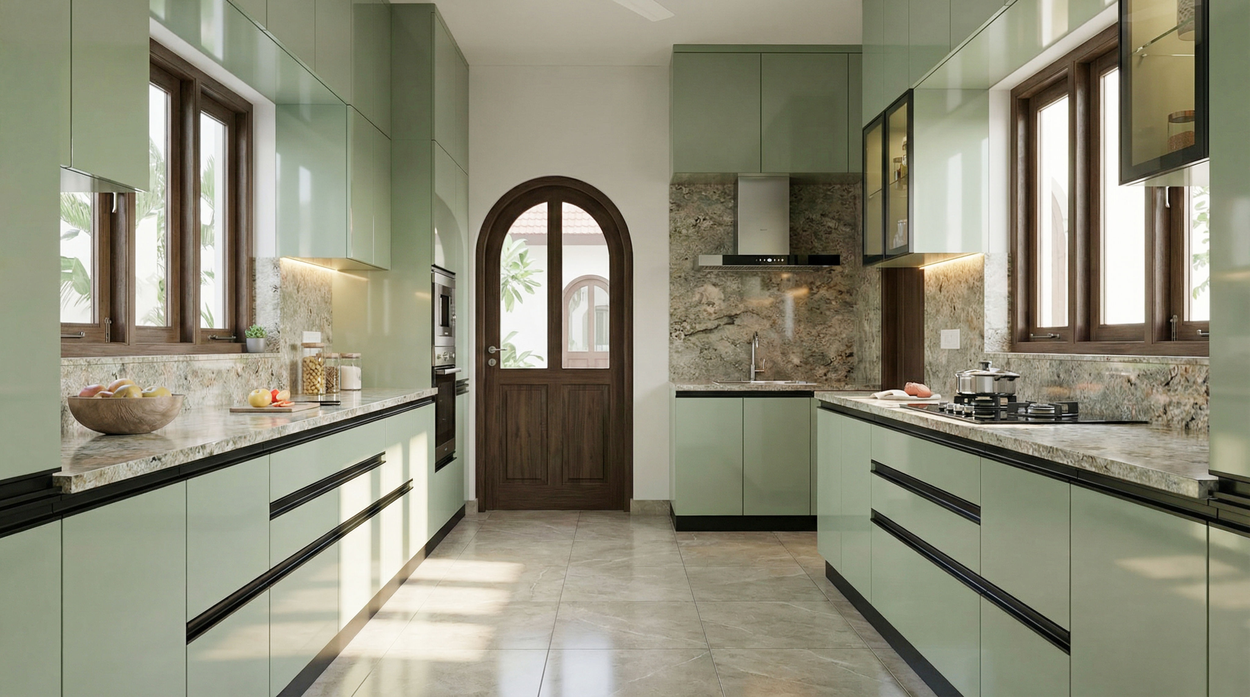 Contemporary Parallel Kitchen with Glossy Mint Cabinets