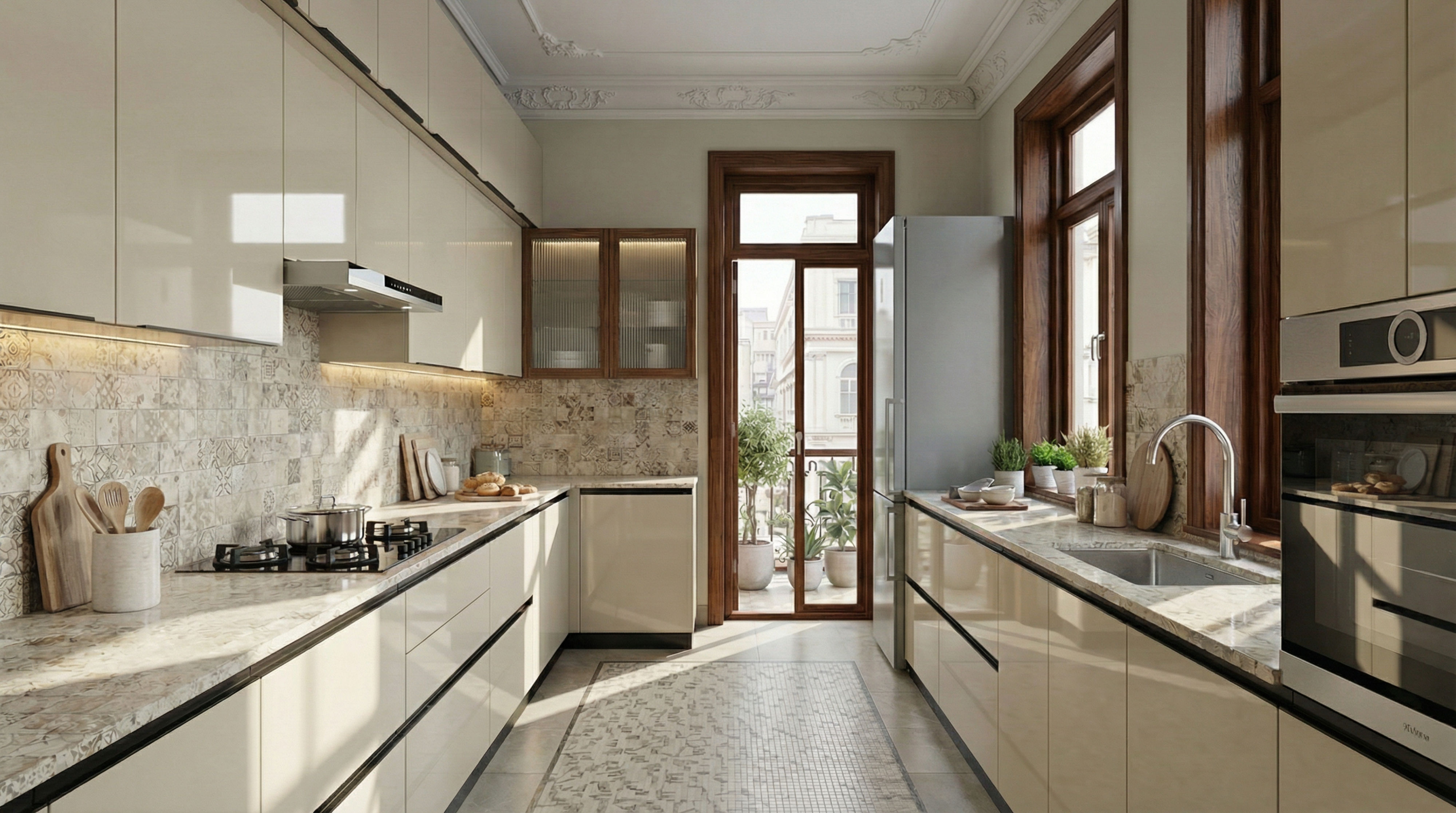 Contemporary Parallel Kitchen with Glossy Sand Cabinets