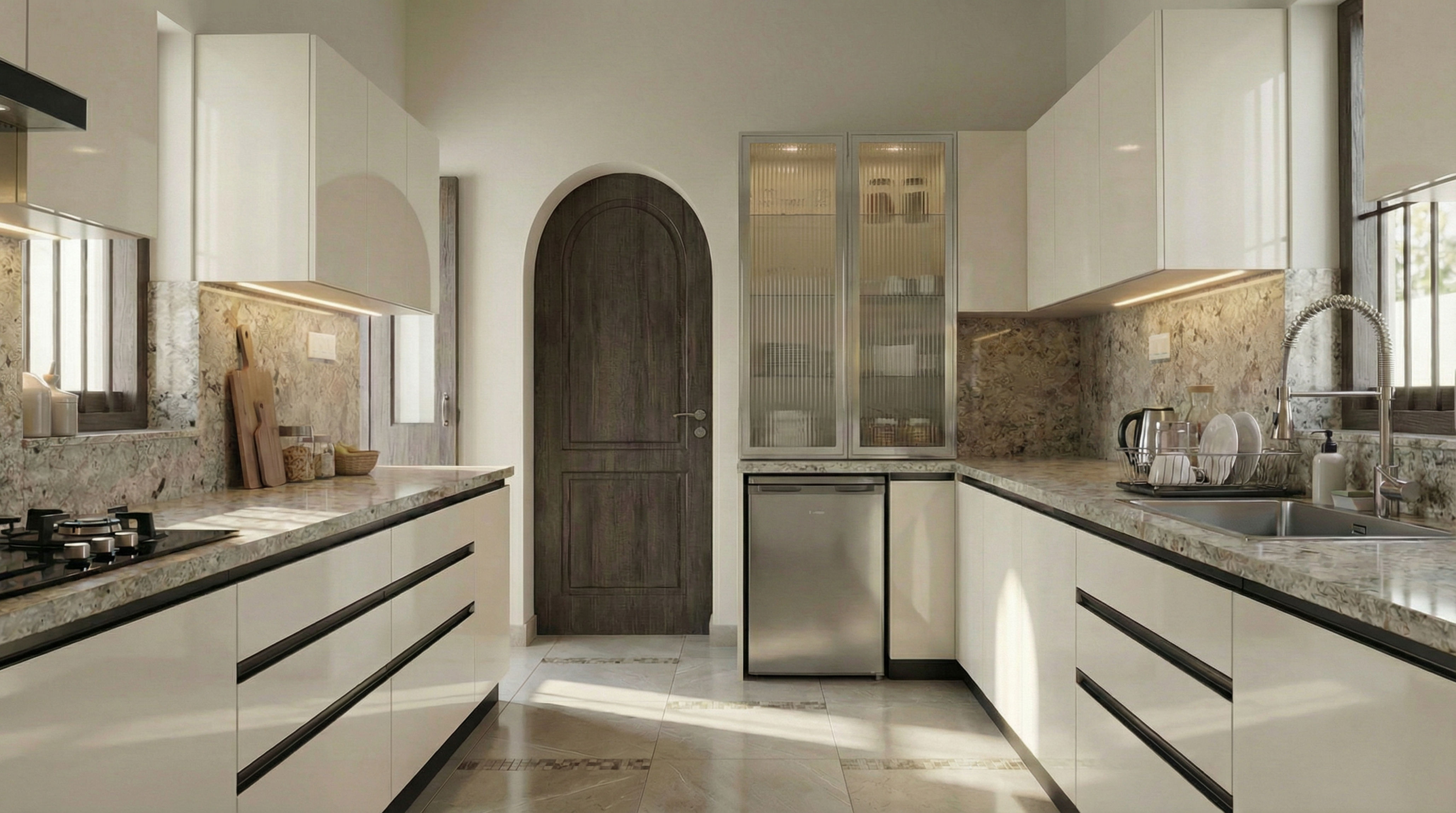 Refined Parallel Kitchen with Glossy White Cabinets