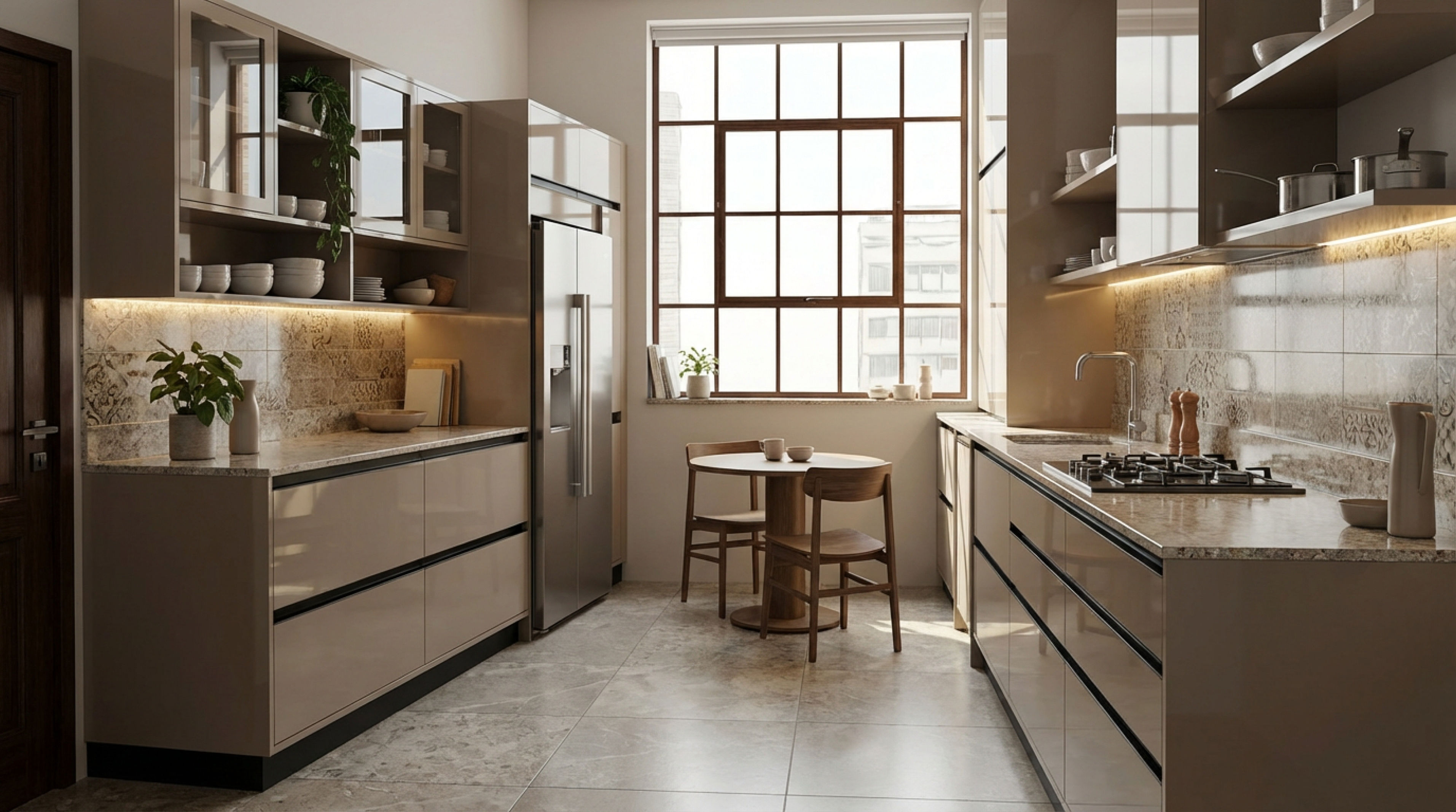 Warm Parallel Kitchen with Earthy Brown Cabinets
