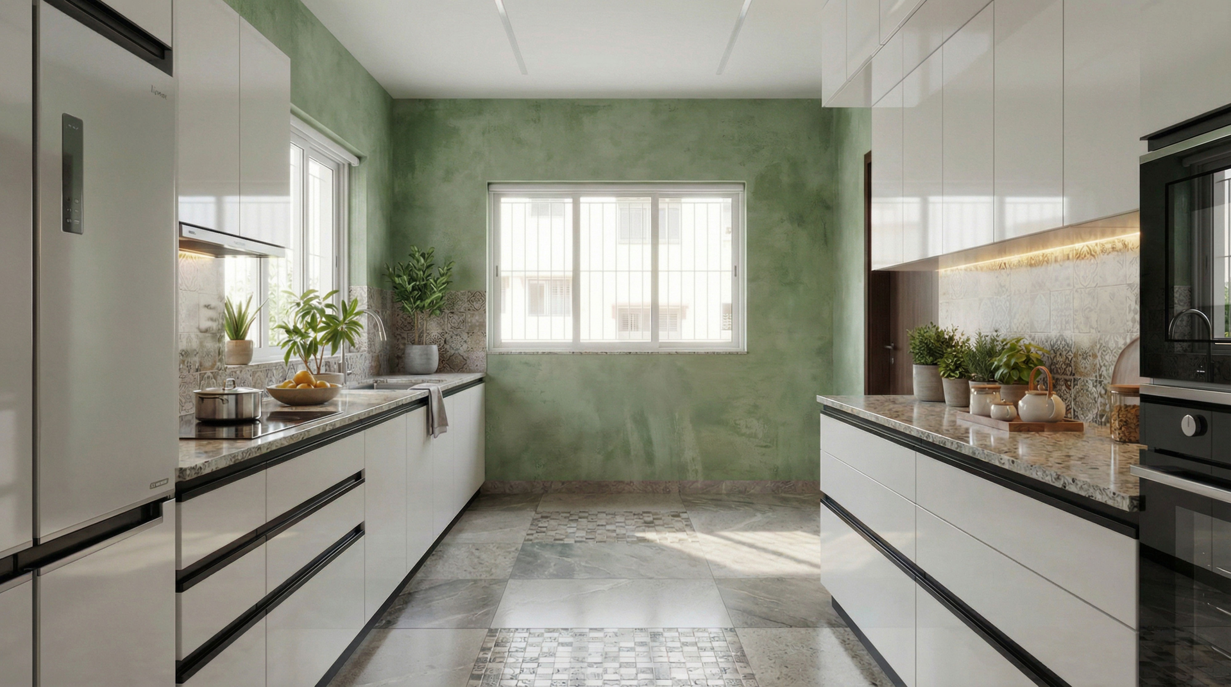 Elegant Parallel Kitchen with Glossy White PU Cabinets