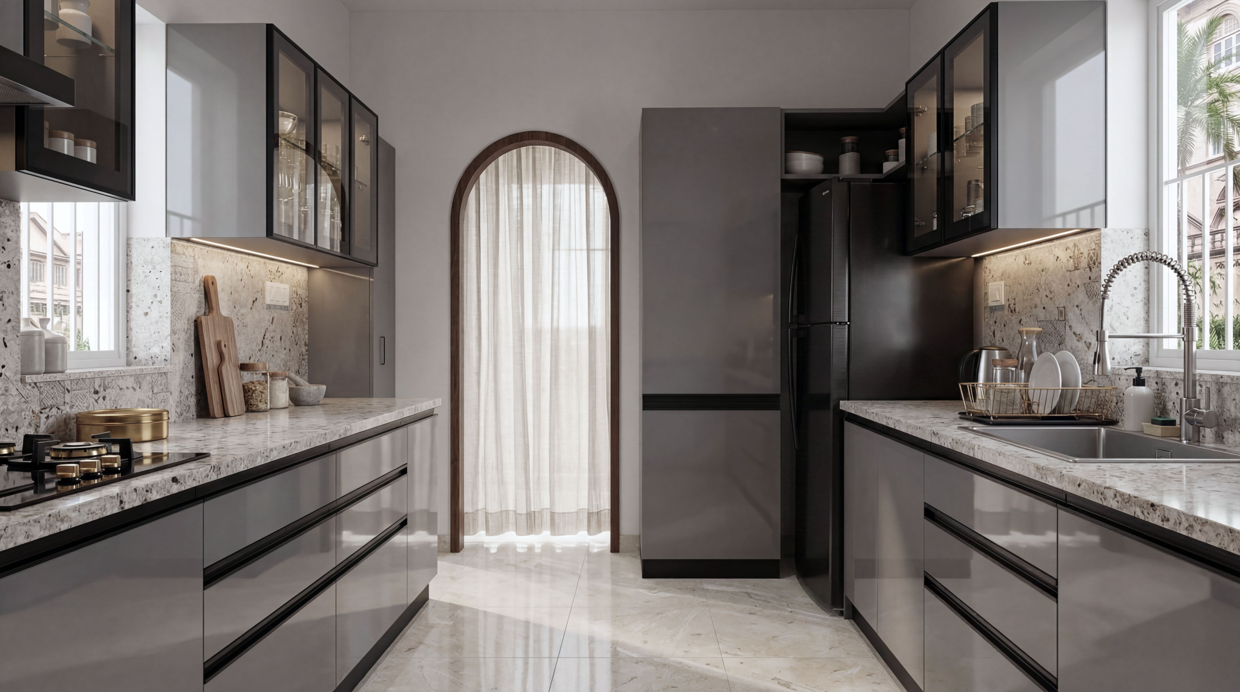 Bespoke Parallel Kitchen with Glossy Grey PU Cabinets