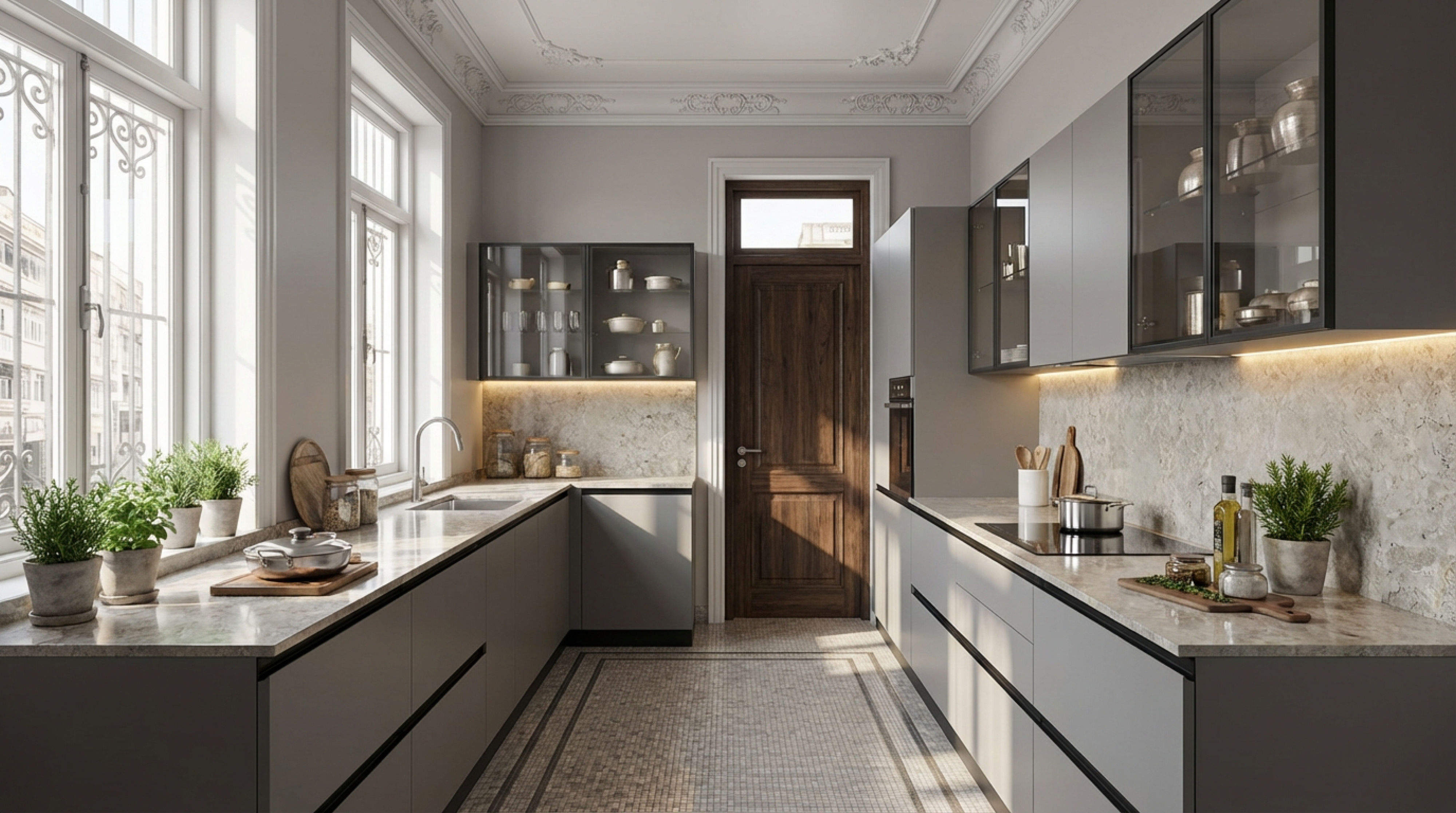Elegant Parallel Kitchen with Matt Grey Brown PU Cabinets