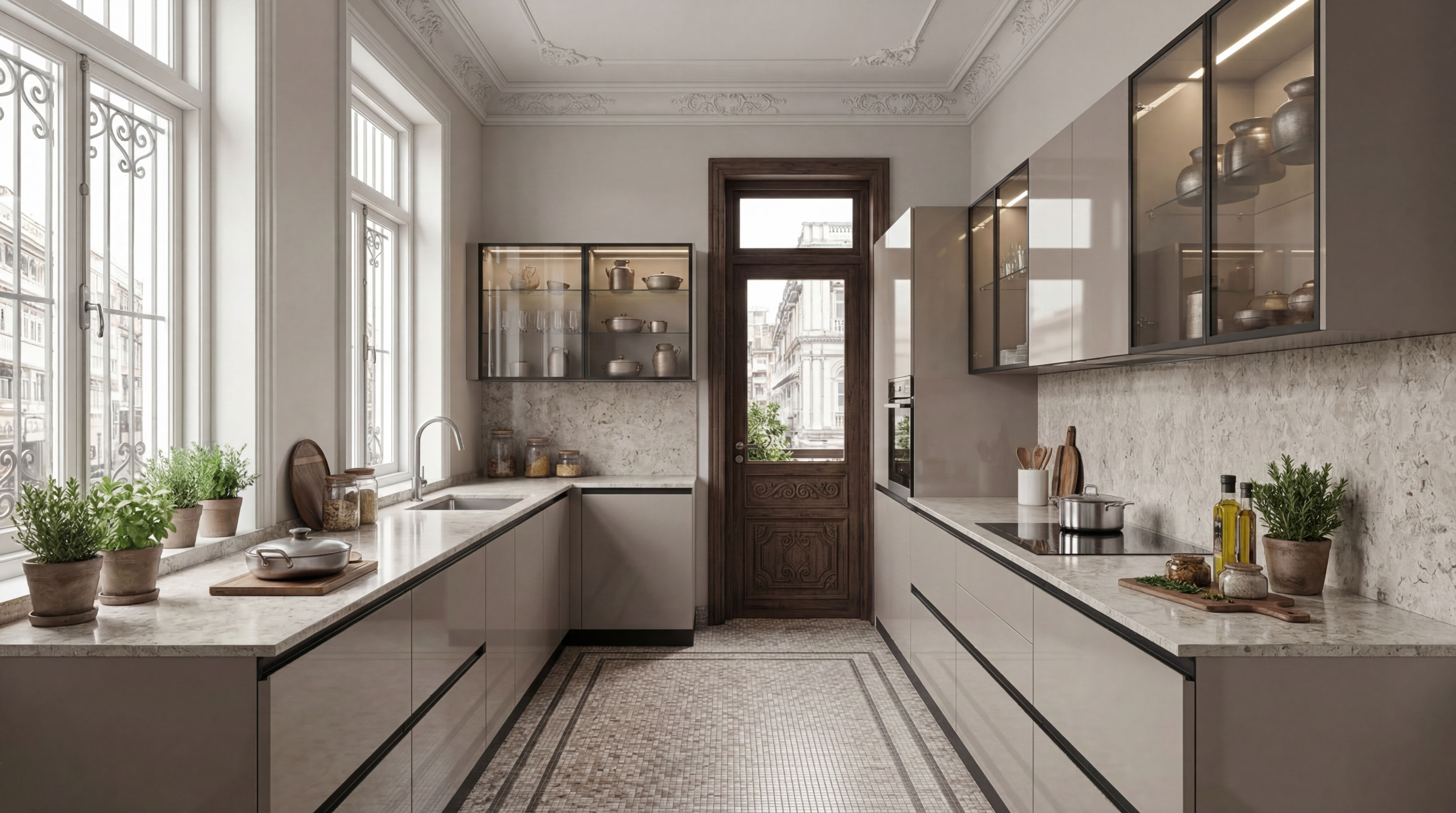 Modern Parallel Kitchen with Glossy Jersey Grey Cabinets
