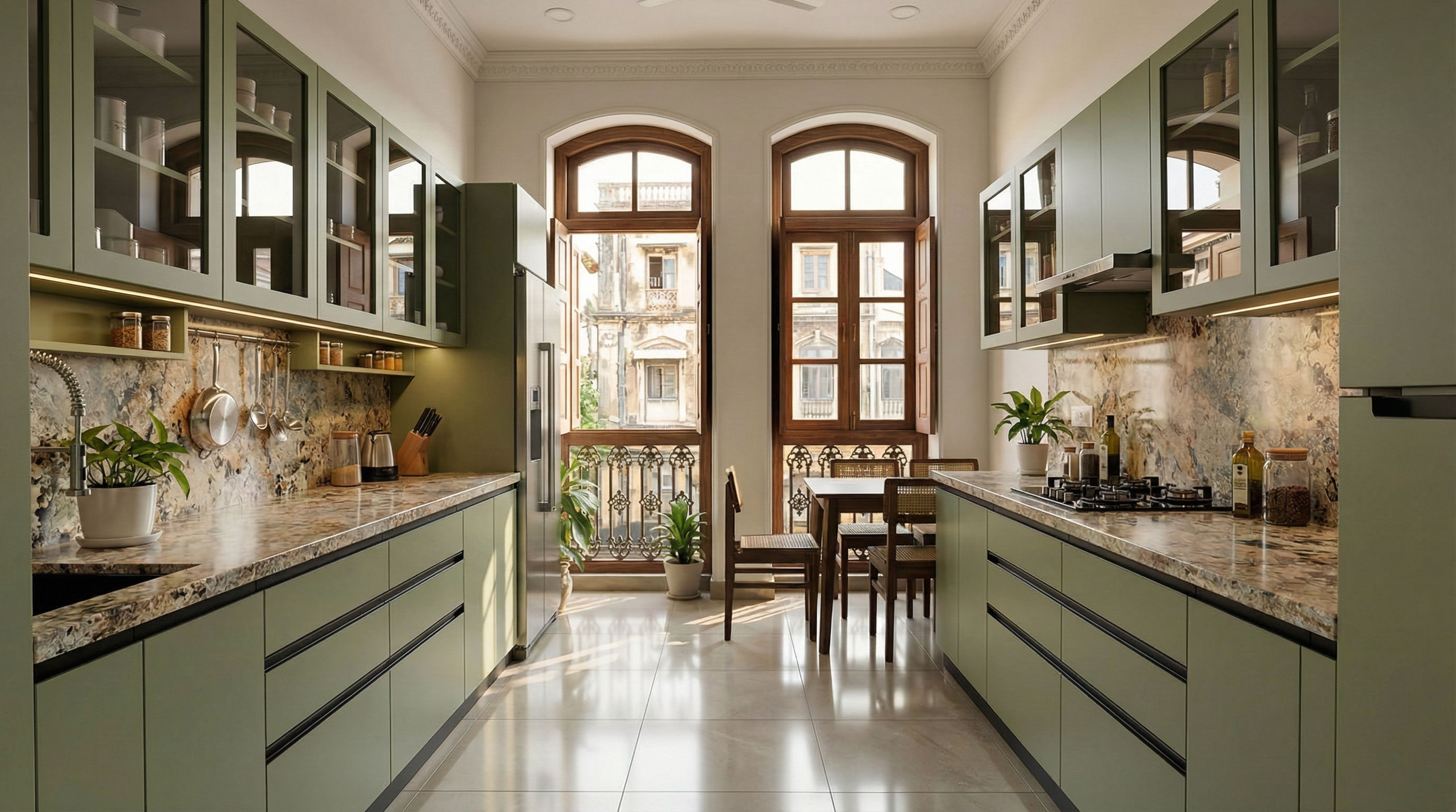 Pristine Parallel Kitchen with Matt Sea Green PU Cabinets