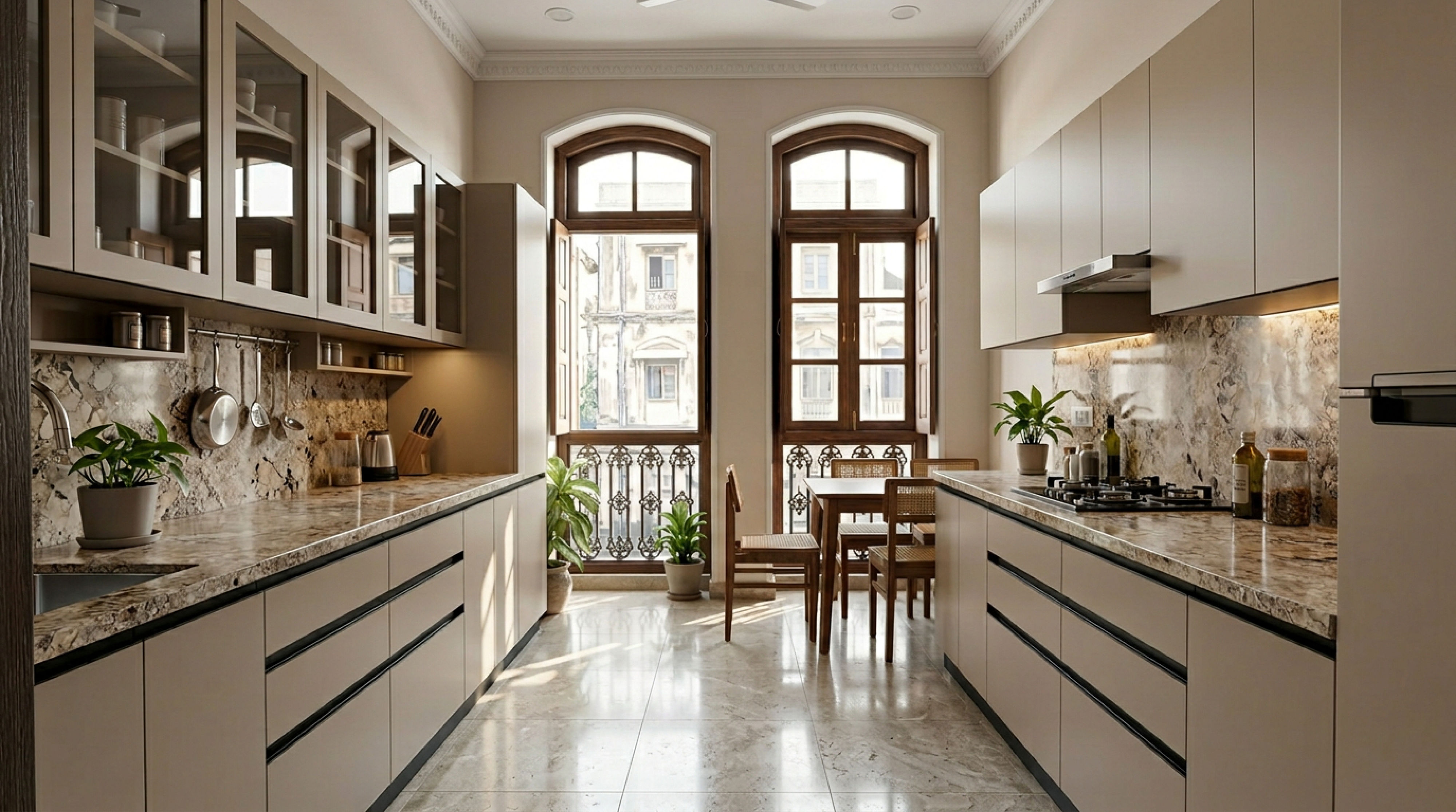 Artisanal Parallel Kitchen with Matt Beige PU Cabinets