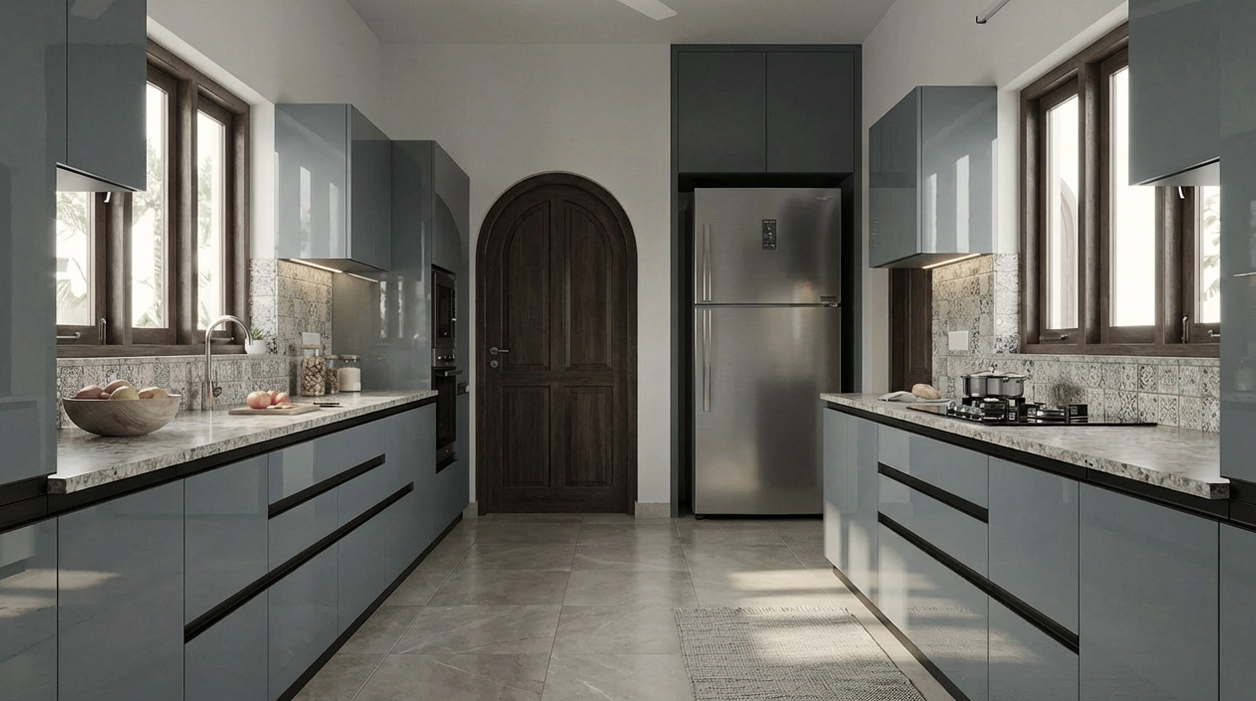 Bespoke Parallel Kitchen with Glossy Blue Grey PU Cabinets