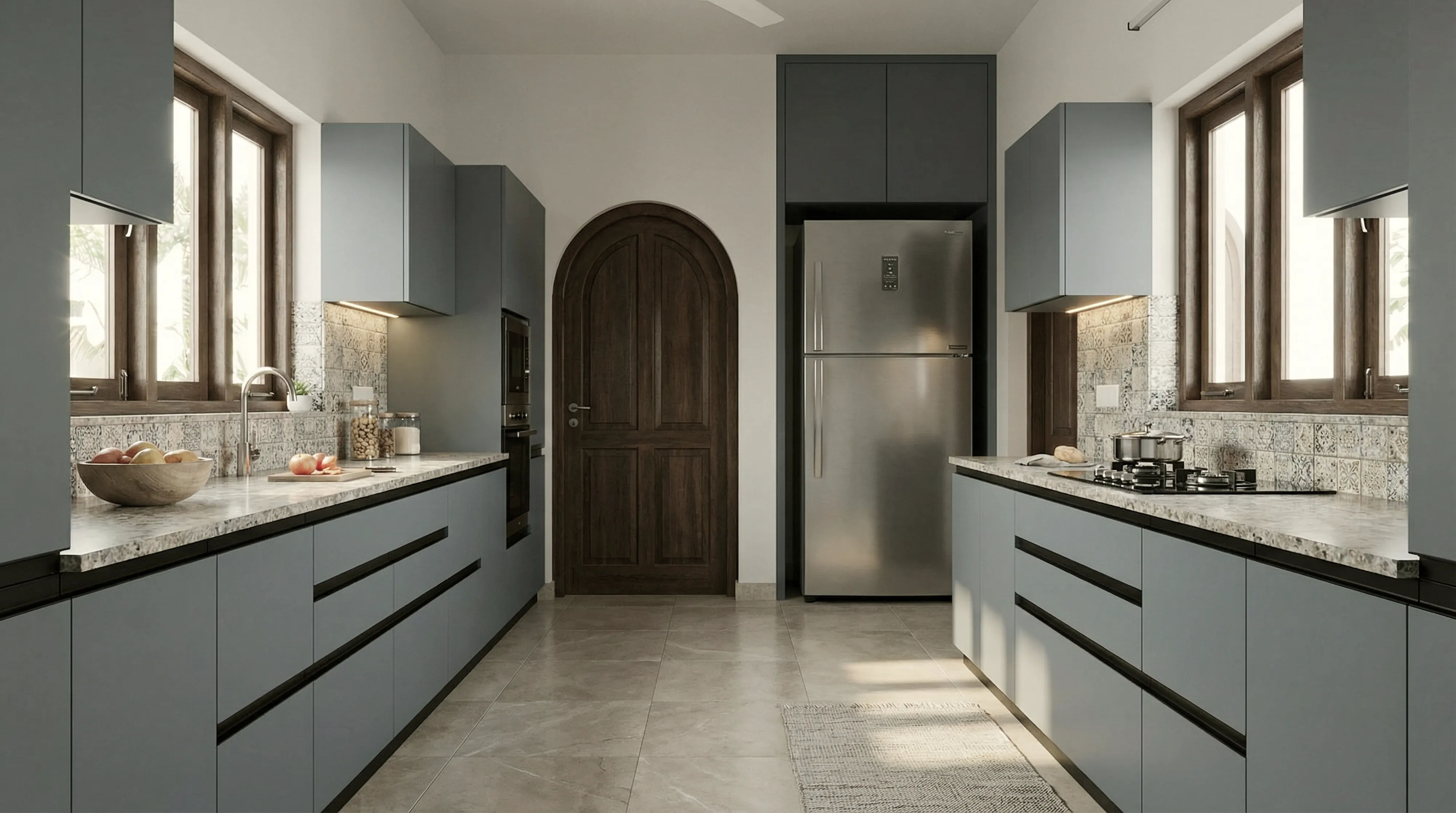 Modern Parallel Kitchen with Matt Blue Grey PU Cabinets