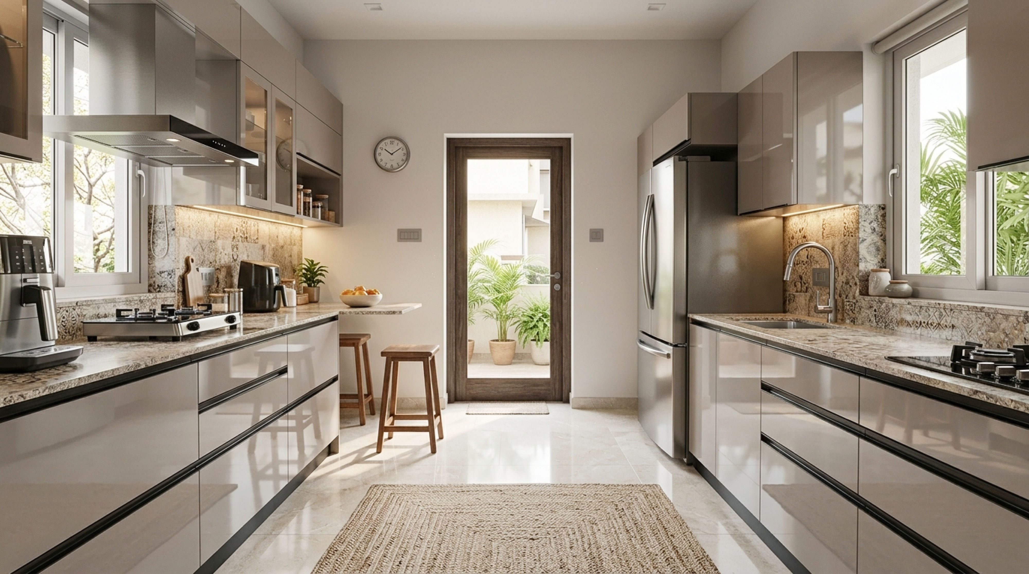 Luxury Parallel Kitchen with Glossy Silver PU Cabinets