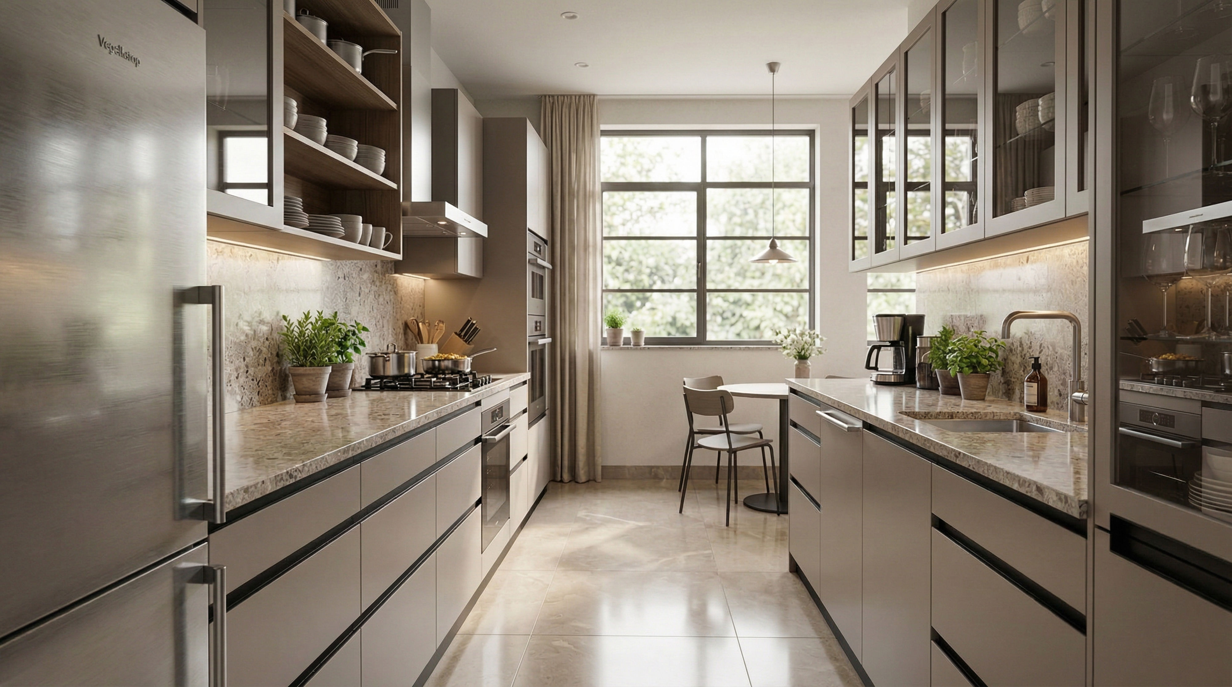 Luxury Parallel Kitchen with Matt Silver PU Cabinets