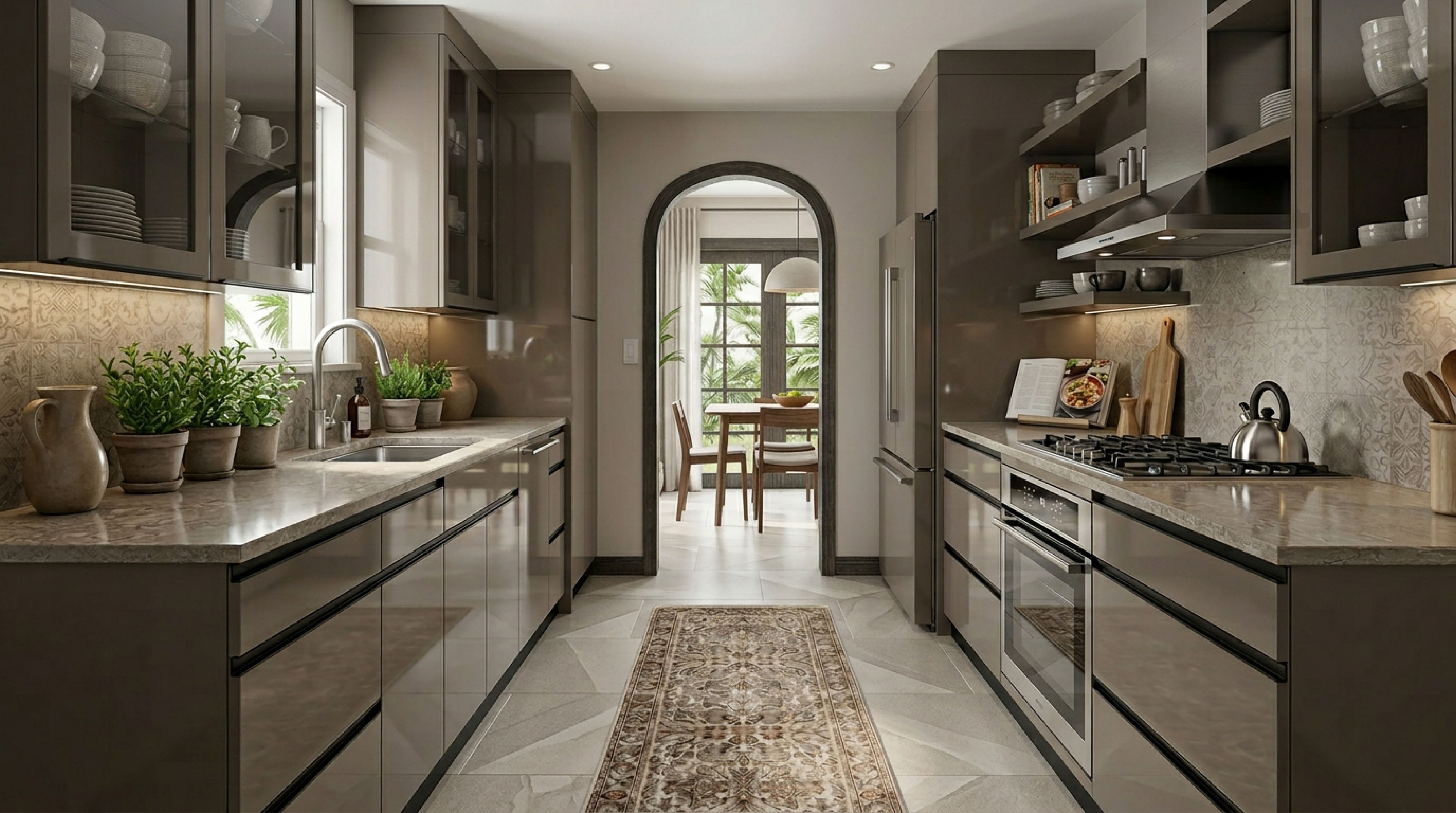 Artisanal Parallel Kitchen with Glossy Titanium Grey PU Cabinets