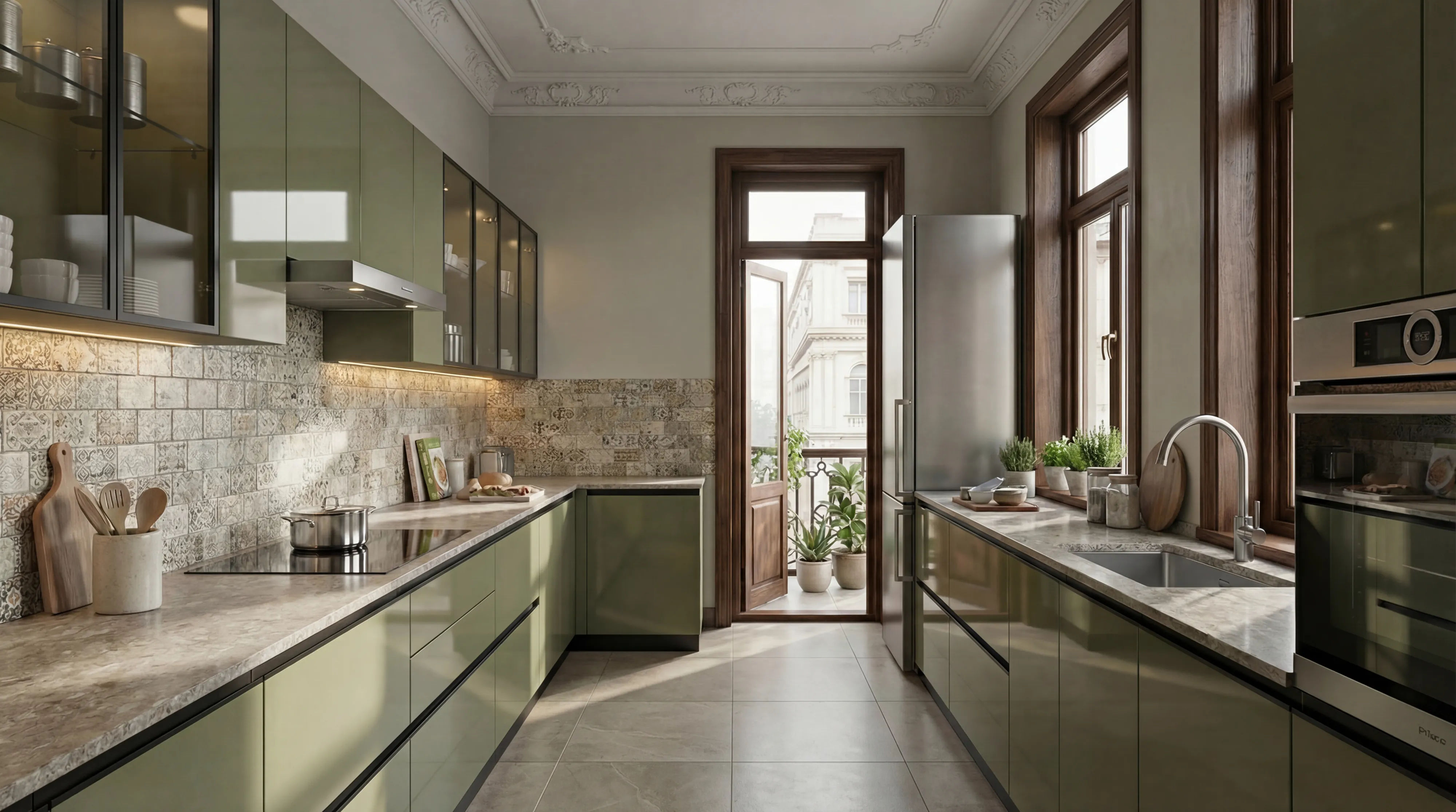 Artisanal Parallel Kitchen with Glossy Sea Green PU Cabinets
