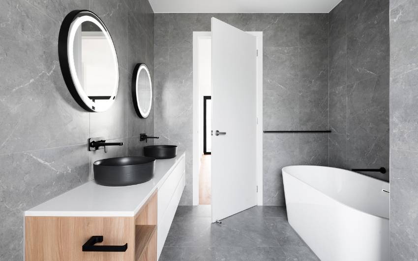 Modern bathroom interior design with monochromatic colour palette - Beautiful Homes