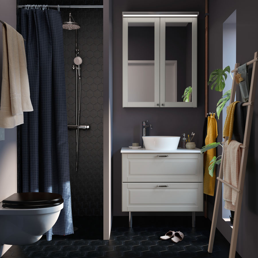 Movable furniture for storage in small bathroom design - Beautiful Homes
