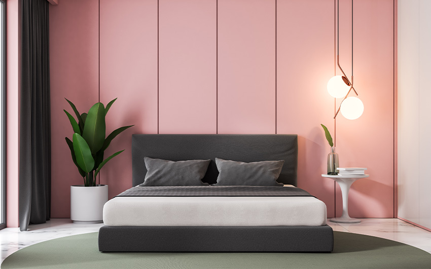 Pink minimal bedroom design with clean lines & warm pendant lighting - Beautiful Homes