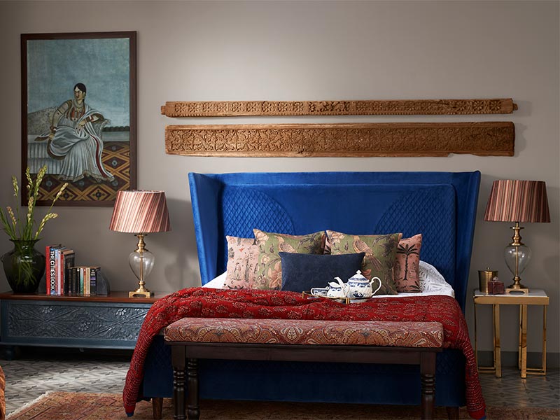 Vintage bedroom designing with royal blue headboard - Beautiful Homes