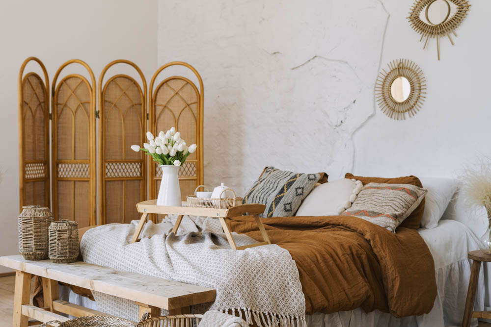 White & brown interiors for your bohemian bedroom design - Beautiful Homes