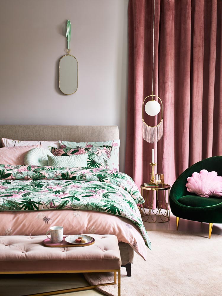 Bedroom Colour Design In Blush Pink and Bold Green Shades With Plush Bench and Armchair in the Bedroom - Beautiful Homes