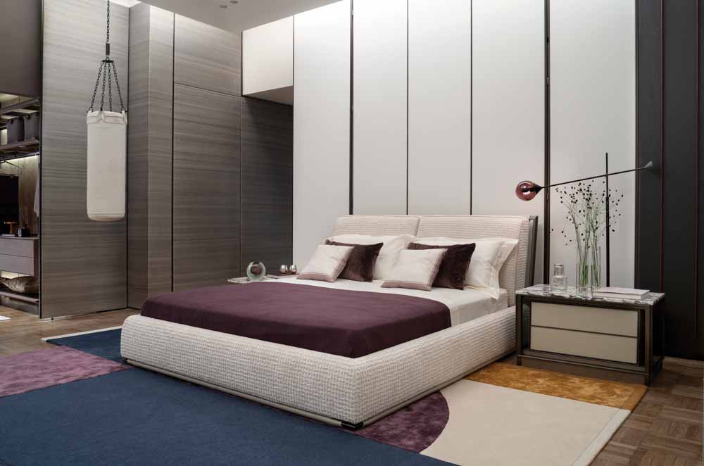 Unique floor lamp blends with the colour scheme of the bedroom design - Beautiful Homes