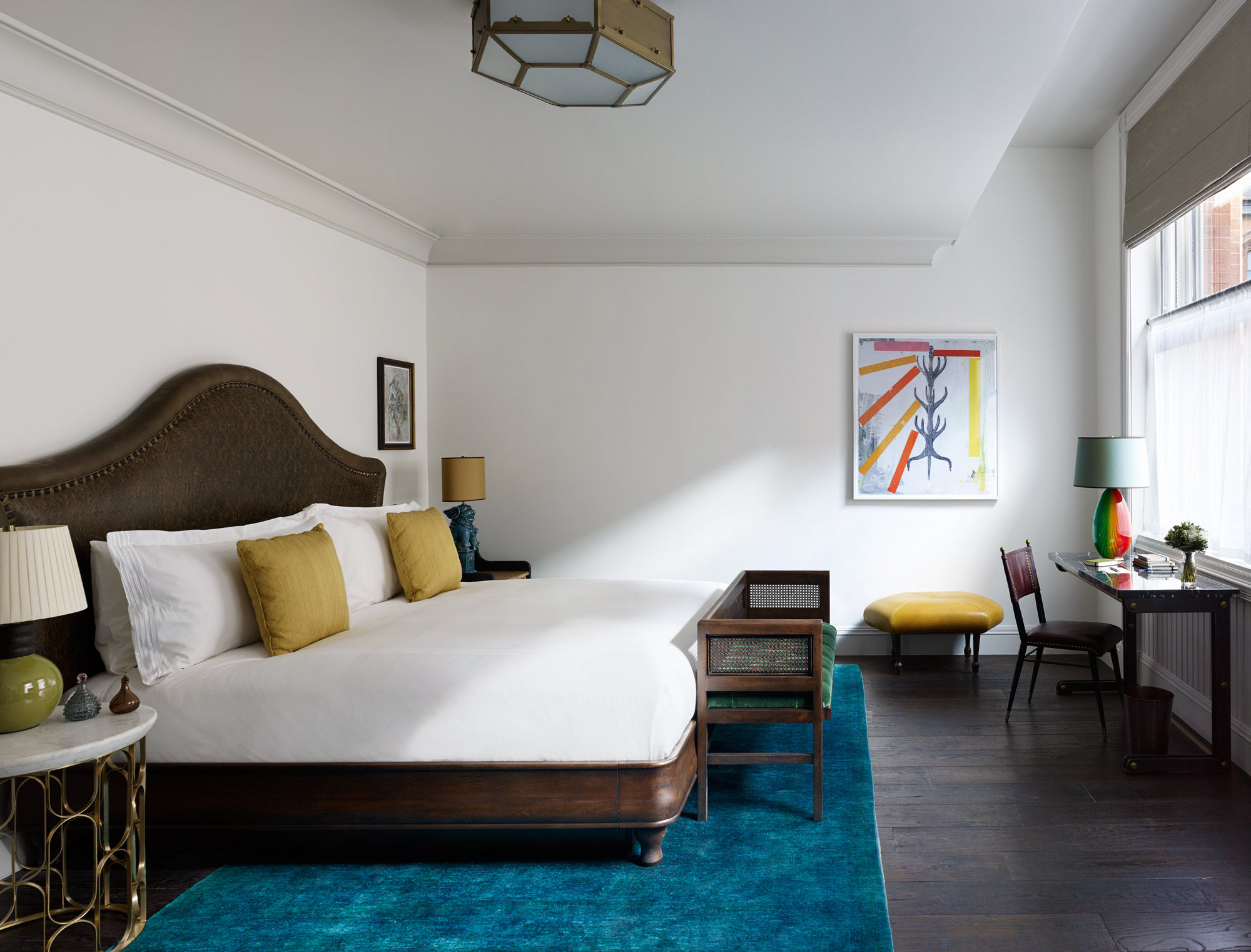 Bed Design Ideas With Bedside Table and Blue Rug  - Beautiful Homes
