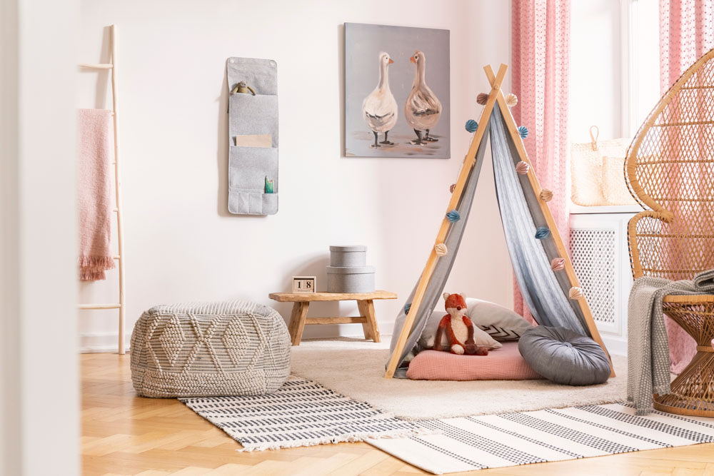 Kids Bedroom Design Ideas With a Lean-to Tent,  Pale Pink Curtains, Multiple Rugs - Beautiful Homes