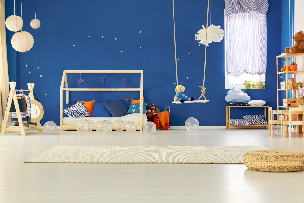 Kids Bedroom Design Ideas With Bright Sky Blue Walls Colour and Starred Decoration - Beautiful Homes