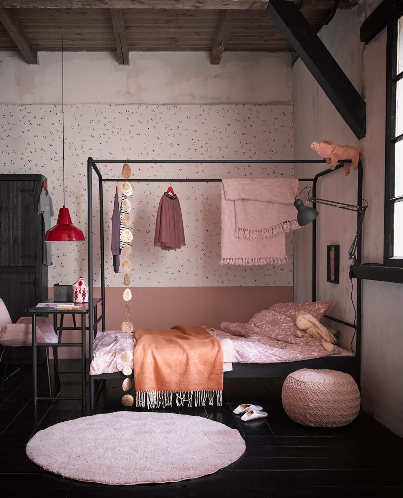 Teenage Bedroom Design in Pastel Colour and Dark Floor With Iron Furniture and Bright Red Hanging Lamp - Beautiful Homes