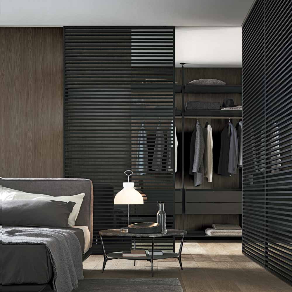 Stylish modern bedroom cupboard design with slatted wood panels - Beautiful Homes