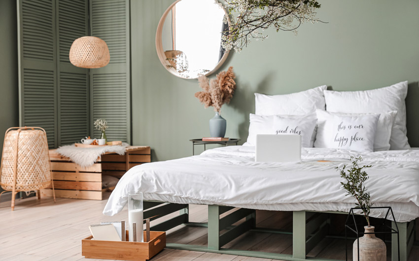 Modern rustic bedroom design with pastel hues along with wooden & distressed ceramics - Beautiful Homes