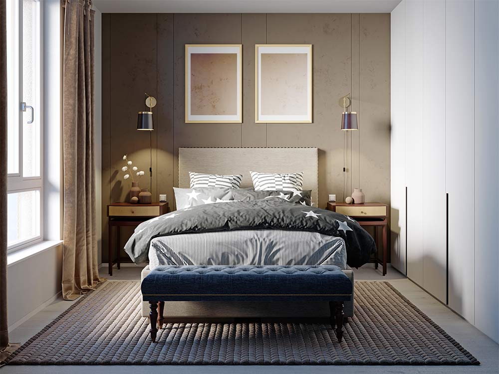 Small bedroom décor with wall mounted lights, bedside tables & diwan - Beautiful Homes