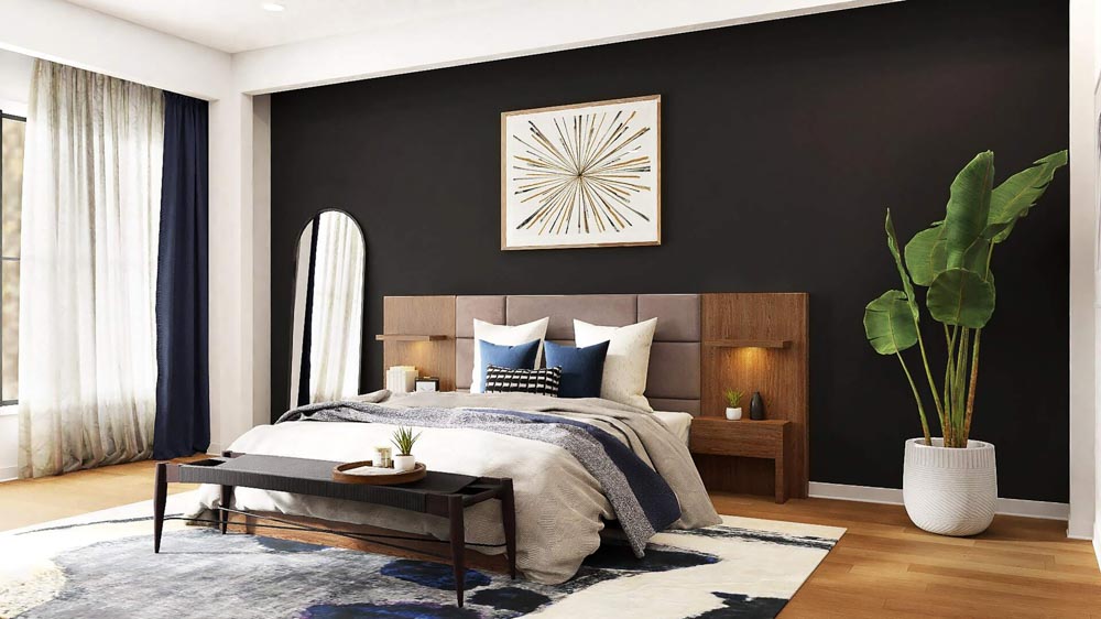 Indoor plants & bench for your black bedroom interiors - Beautiful Homes