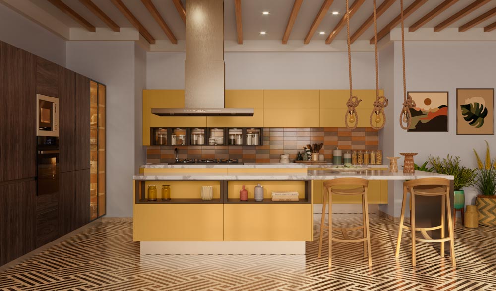 Glass kitchen cabinets in a golden kitchen - Beautiful Homes