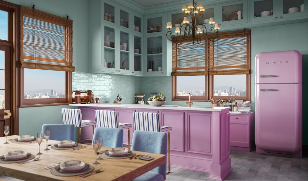 Pink & blue kitchen with overhead cabinets - Beautiful Homes