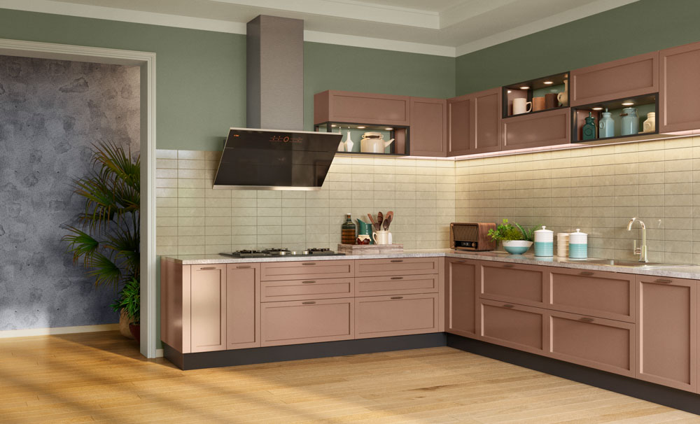 Pink kitchen cabinets & drawers with tiled backsplash - Beautiful Homes
